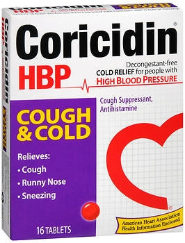 Coricidin HBP 4 mg - 30 mg Strength Cold & Cough Relief Tablets, 16 per Box