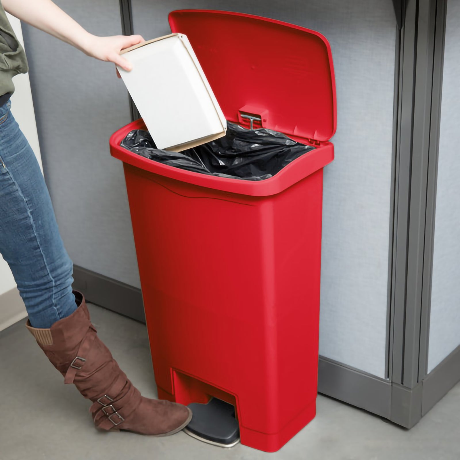 Slim Jim Step-On Trash Can, Red, 13 Gallon