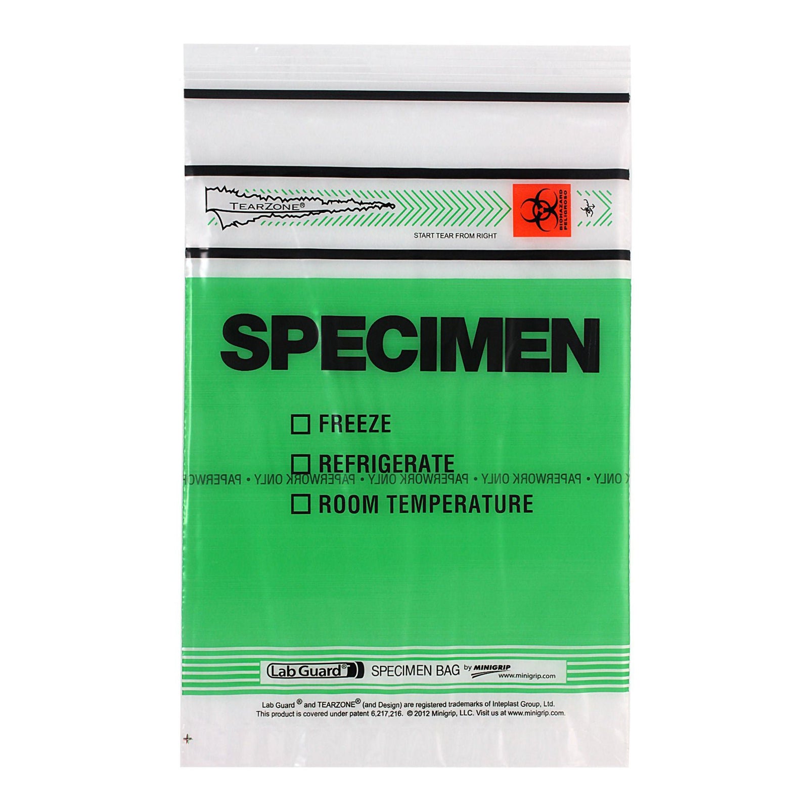 Minigrip Lab Guard TearZone Biohazard Specimen Transport Bag, Green, 6 x 9 Inch
