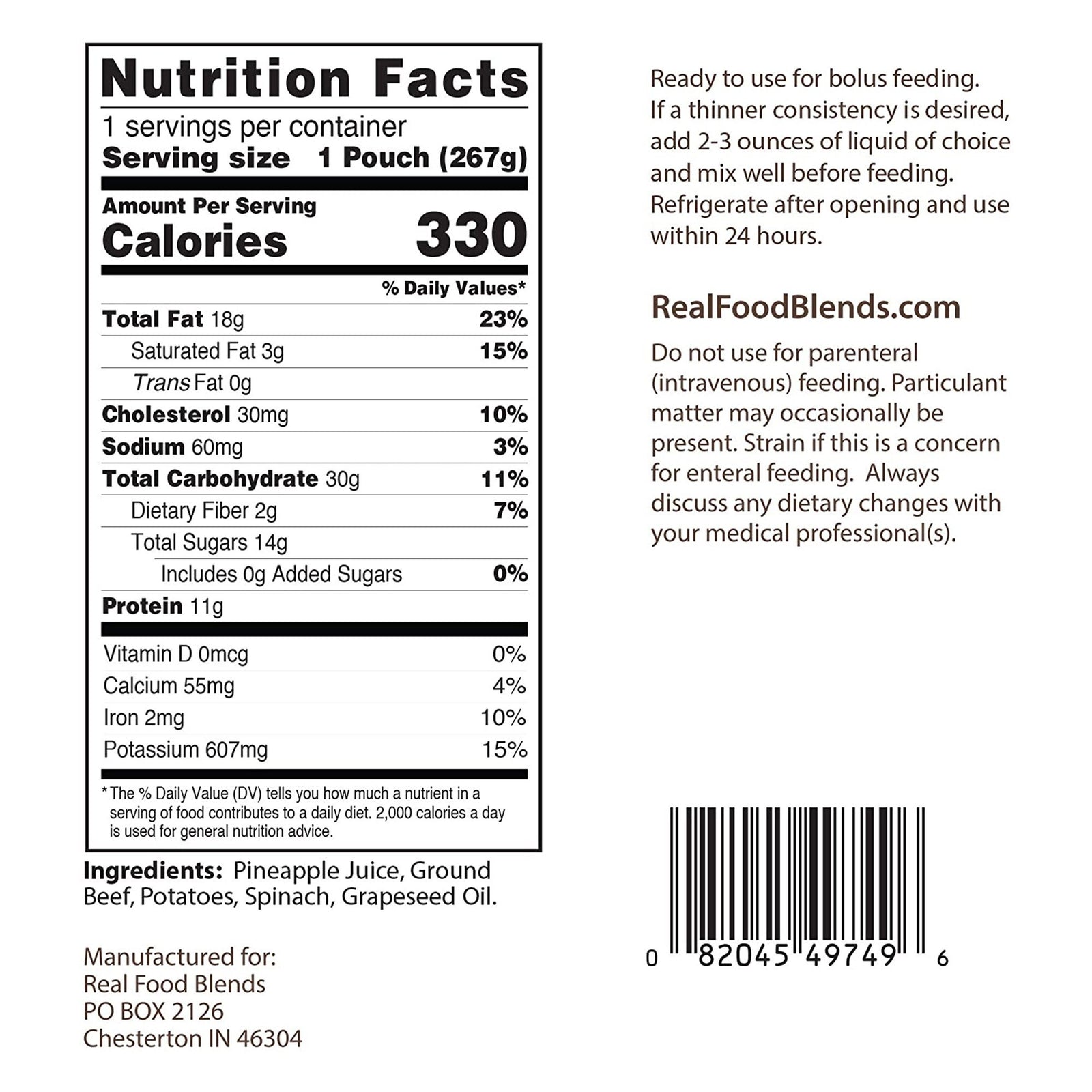 Real Food Blends Beef Potatoes Spinach Tube Feeding Formula 9.4 oz