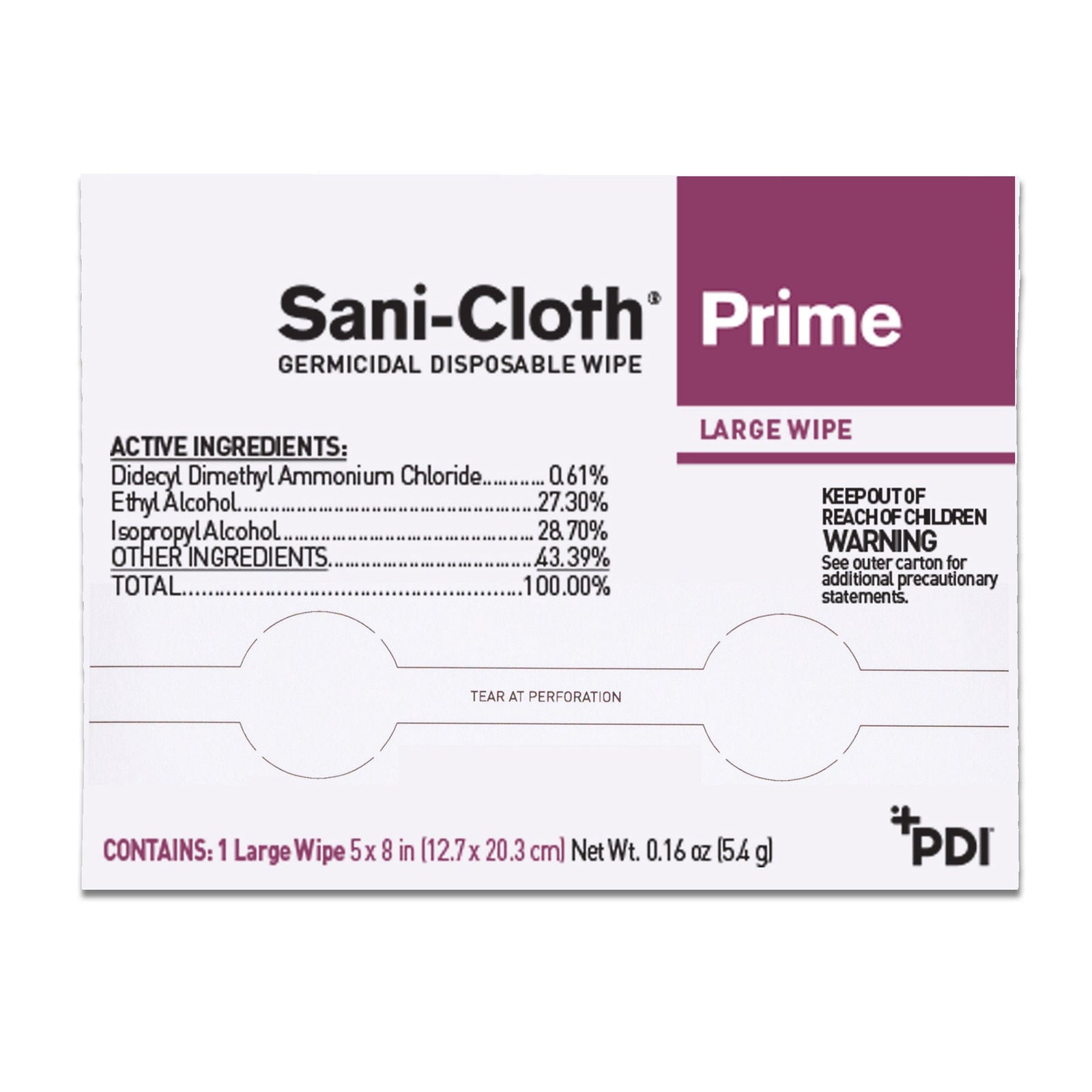 PDI Sani-Cloth Prime Germicidal Disposable Wipes, Large, 5 x 8 Inch