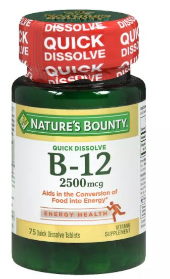 Nature's Bounty Vitamin B12 2,500 mcg Tablets, 75 per Bottle