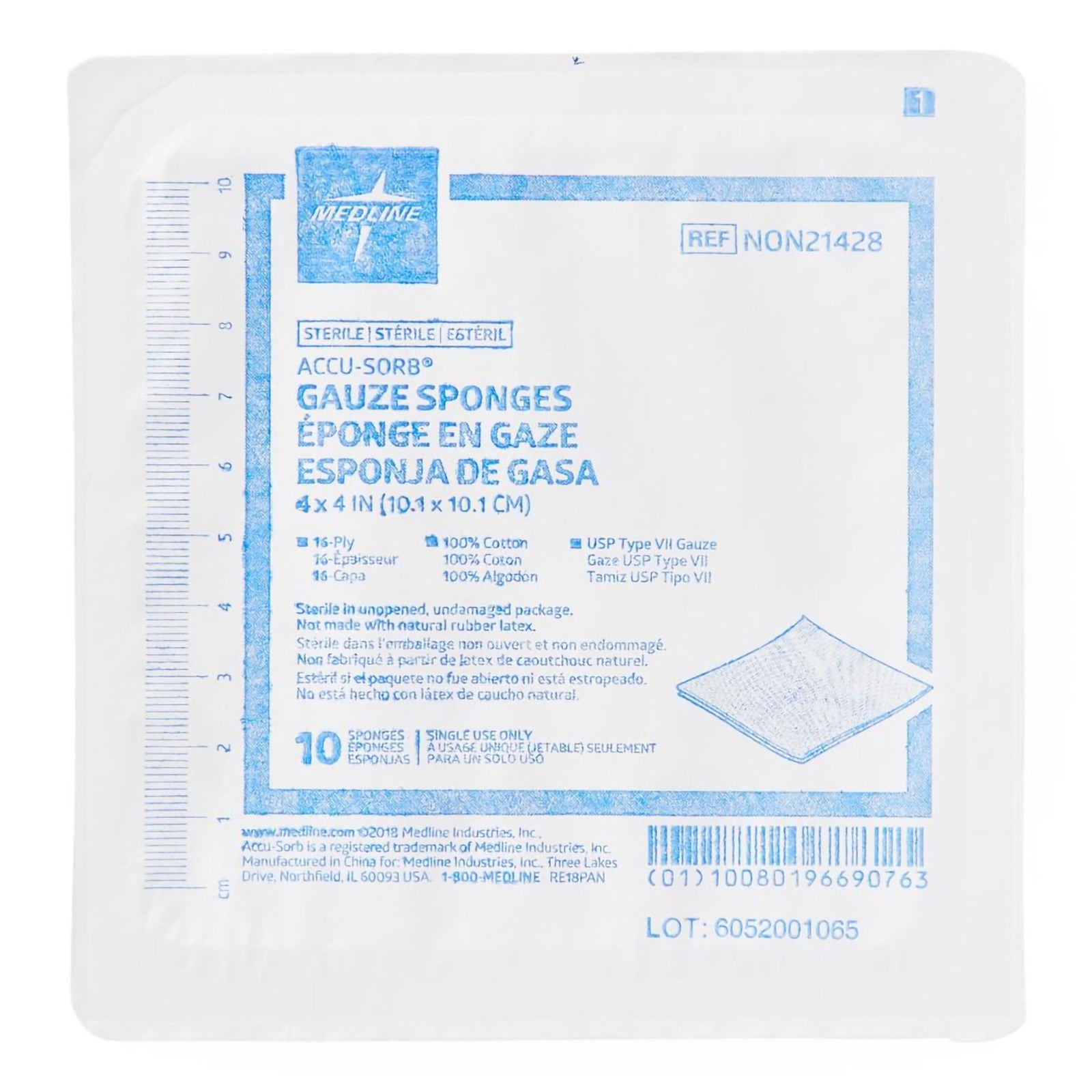 Medline Accu-Sorb Sterile 16-Ply Gauze Sponge, 4" x 4"