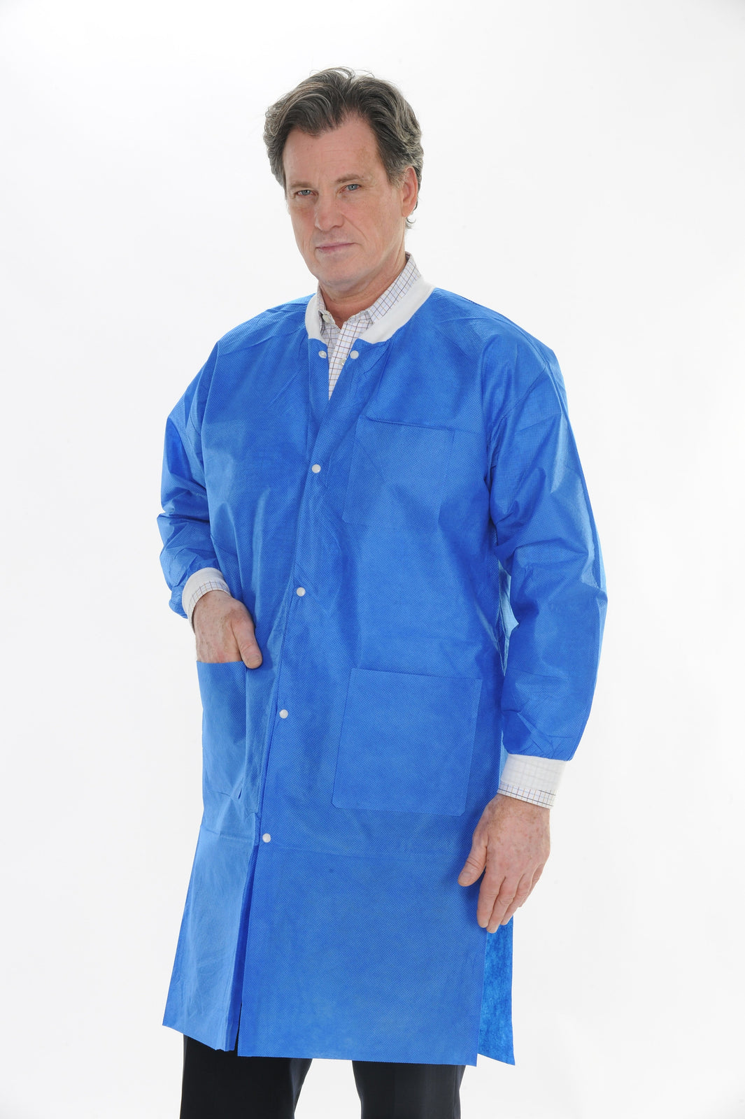 VALUMAX Disposable 3-Layer Knee-Length Lab Coat, Small, Royal Blue