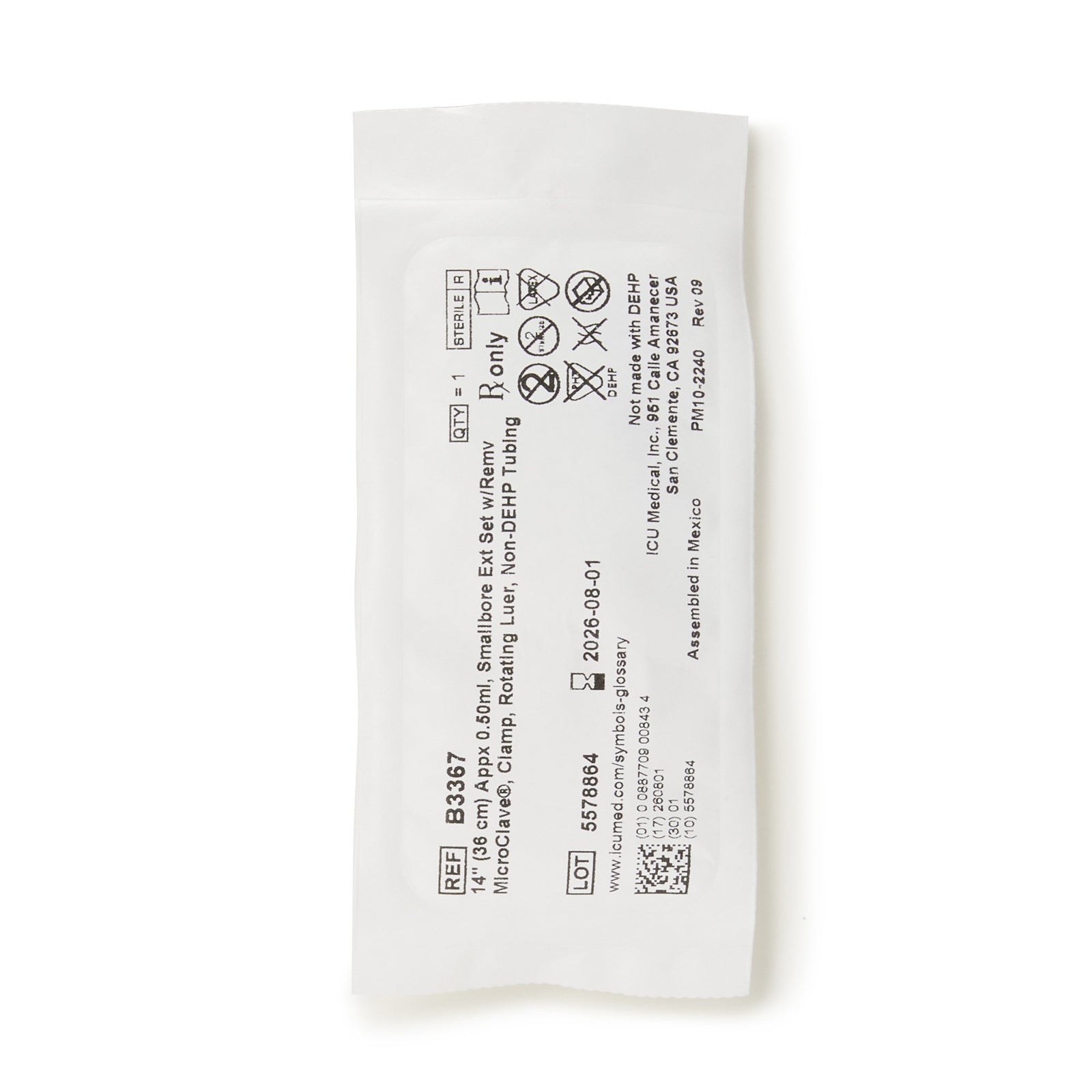 ICU Medical IV Extension Set with Needle-Free Port, 14 Inch Small Bore Tubing