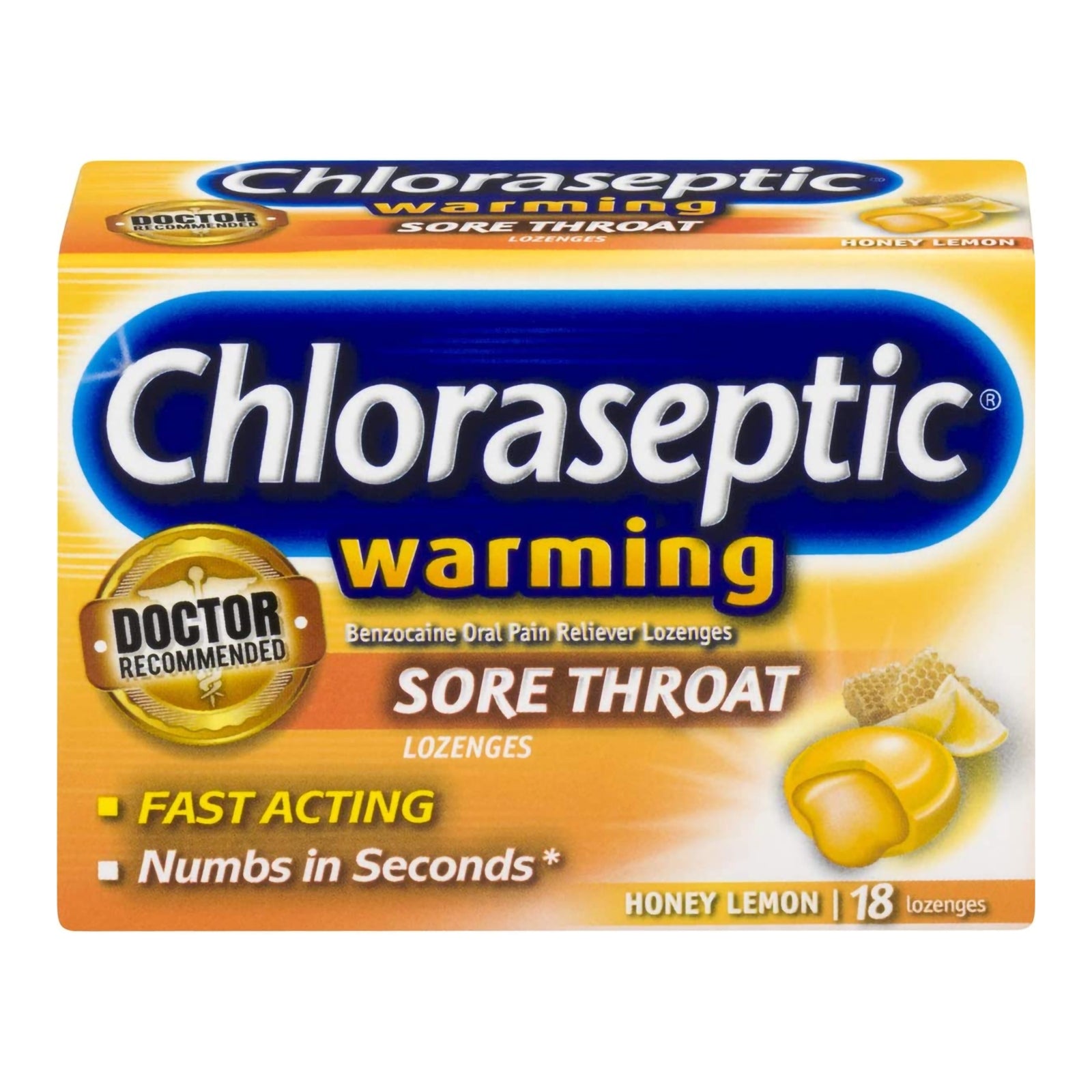 Chloraseptic Warming Honey Lemon Sore Throat Relief Lozenges 18 per Box