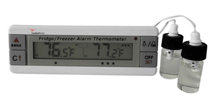 Cardinal Health Digital Refrigerator Freezer Thermometer with 2 Bottle Probes