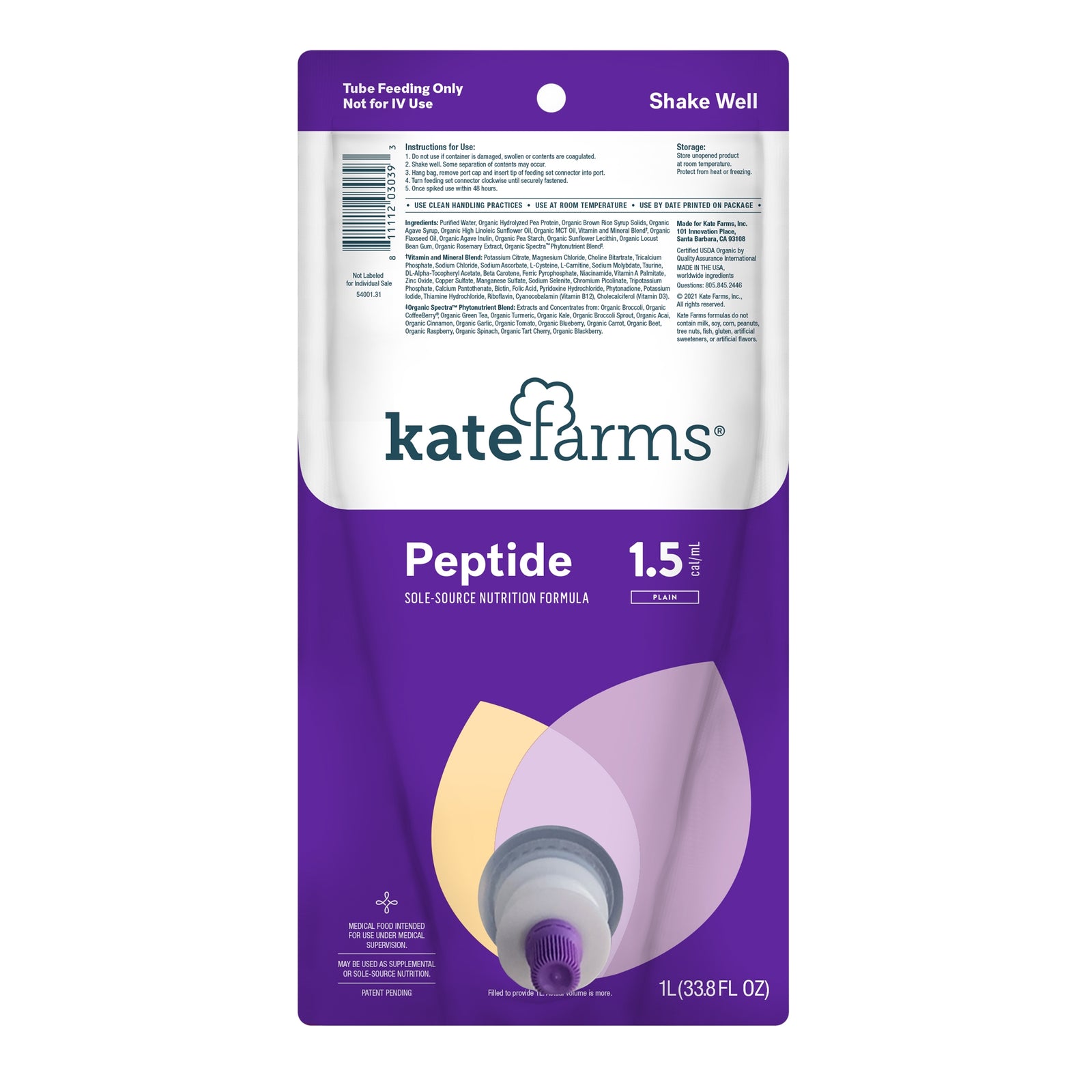 Kate Farms Peptide 1.5 Closed System Unflavored Liquid Tube Feeding Formula 1000 mL