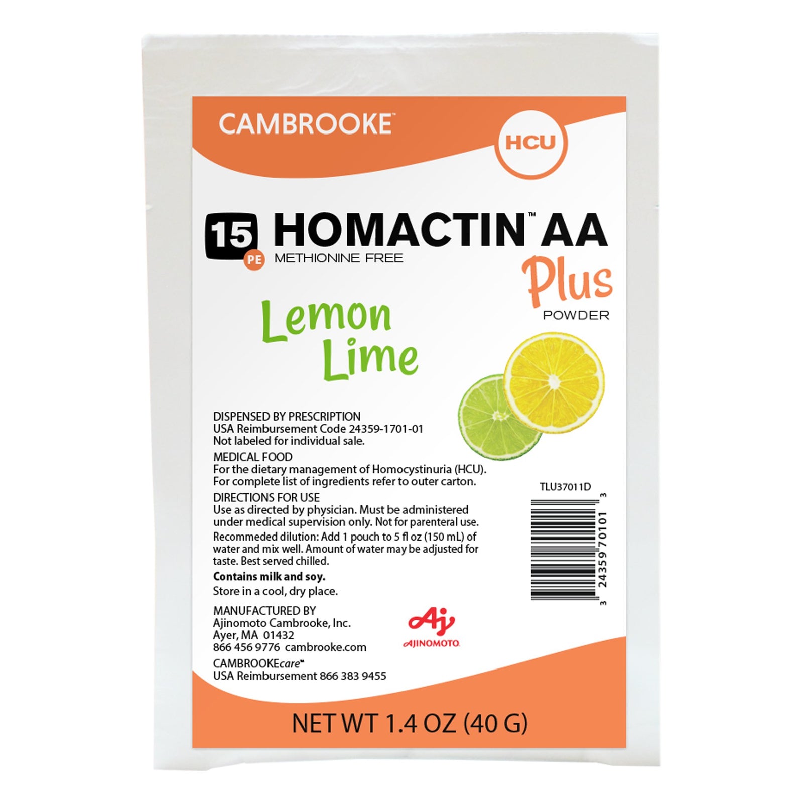 AJINOMOTO CAMBRO Homactin AA Oral Supplement Powder, Lemon Lime, 1.4 oz