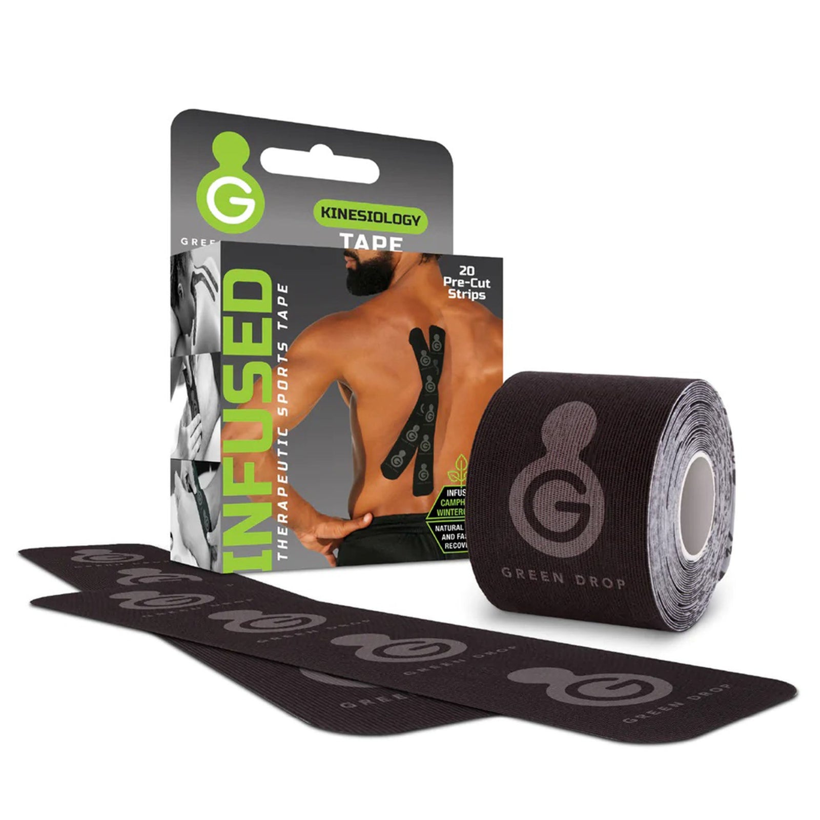 Green Drop Infused Kinesiology Tape Pre-Cut Strips, Black
