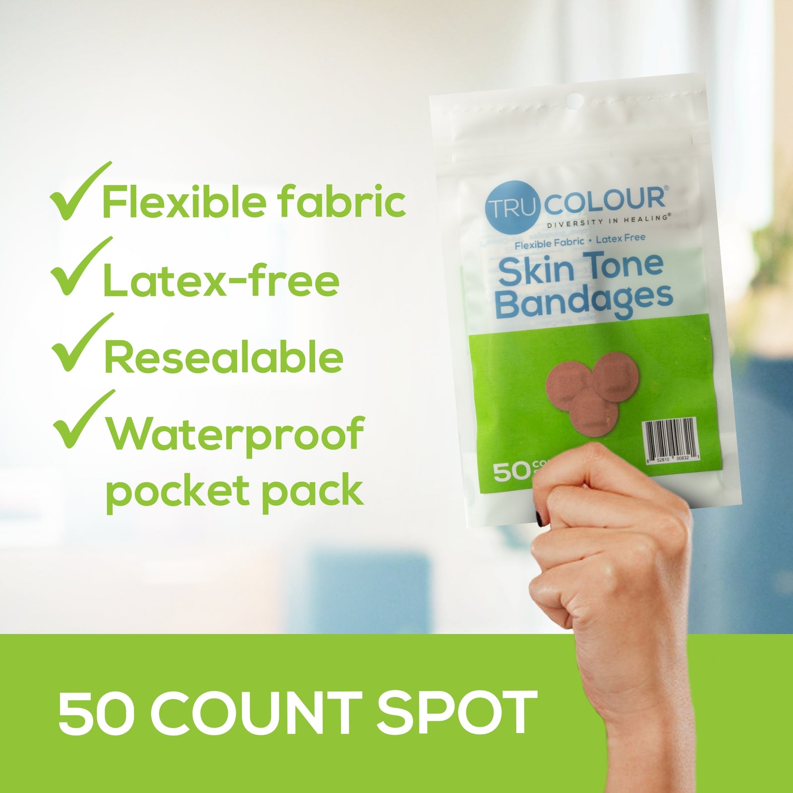 Waterproof Adhesive Spot Bandage Tru-Colour® Fabric Olive Sterile