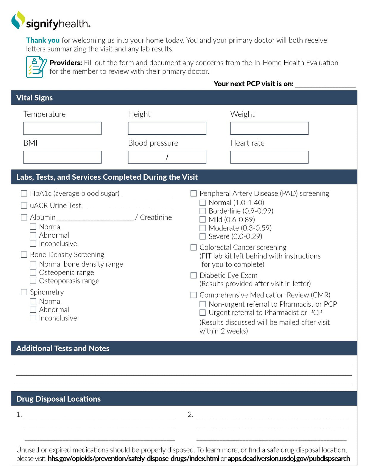 Signify Health PCP Screening Checklist Form 8 x 11 Inch