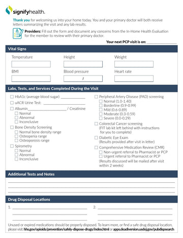 Signify Health PCP Screening Checklist Form 8 x 11 Inch