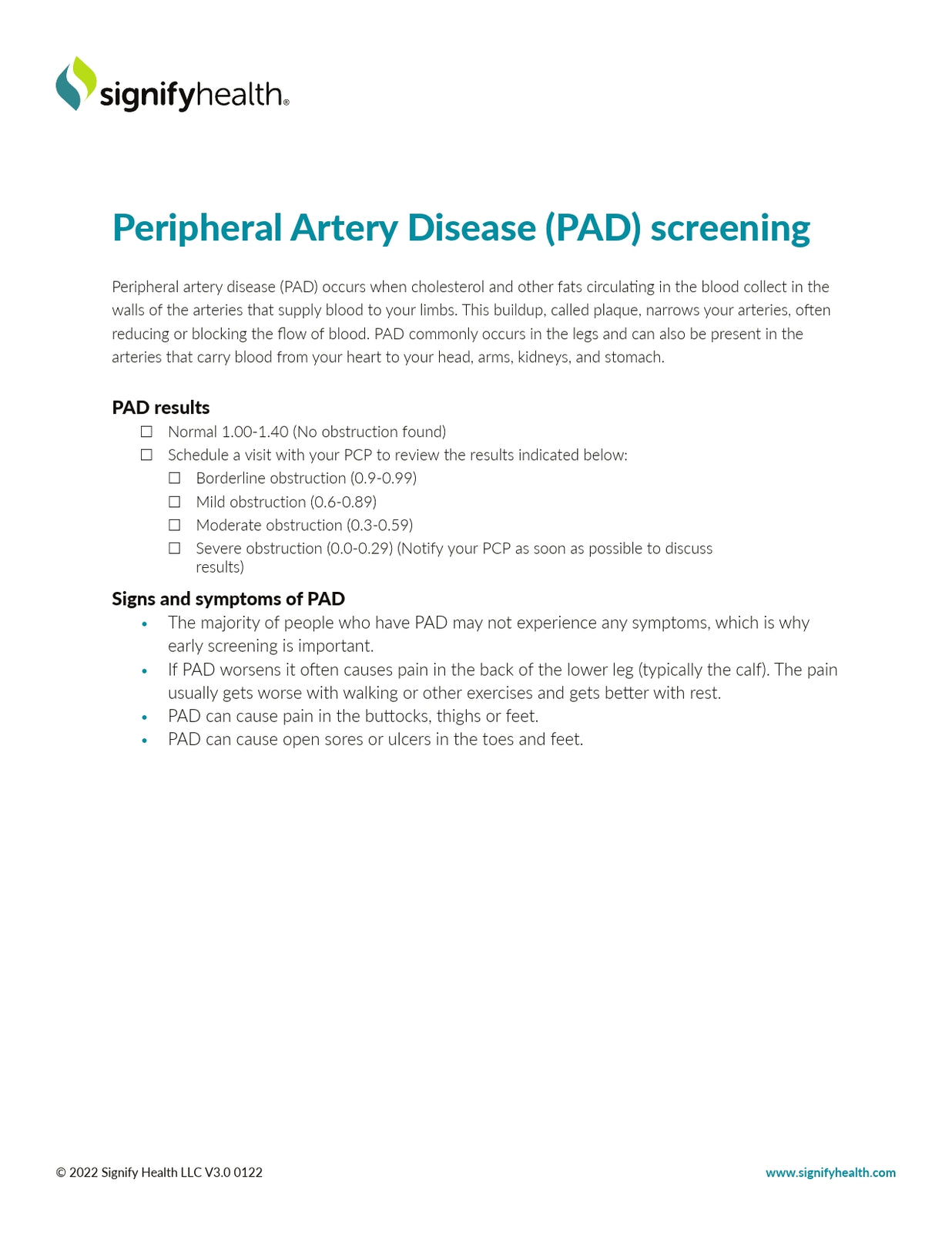 Signigyhealth Peripheral Artery Disease (PAD) Screening Fact Sheet - Case of 24