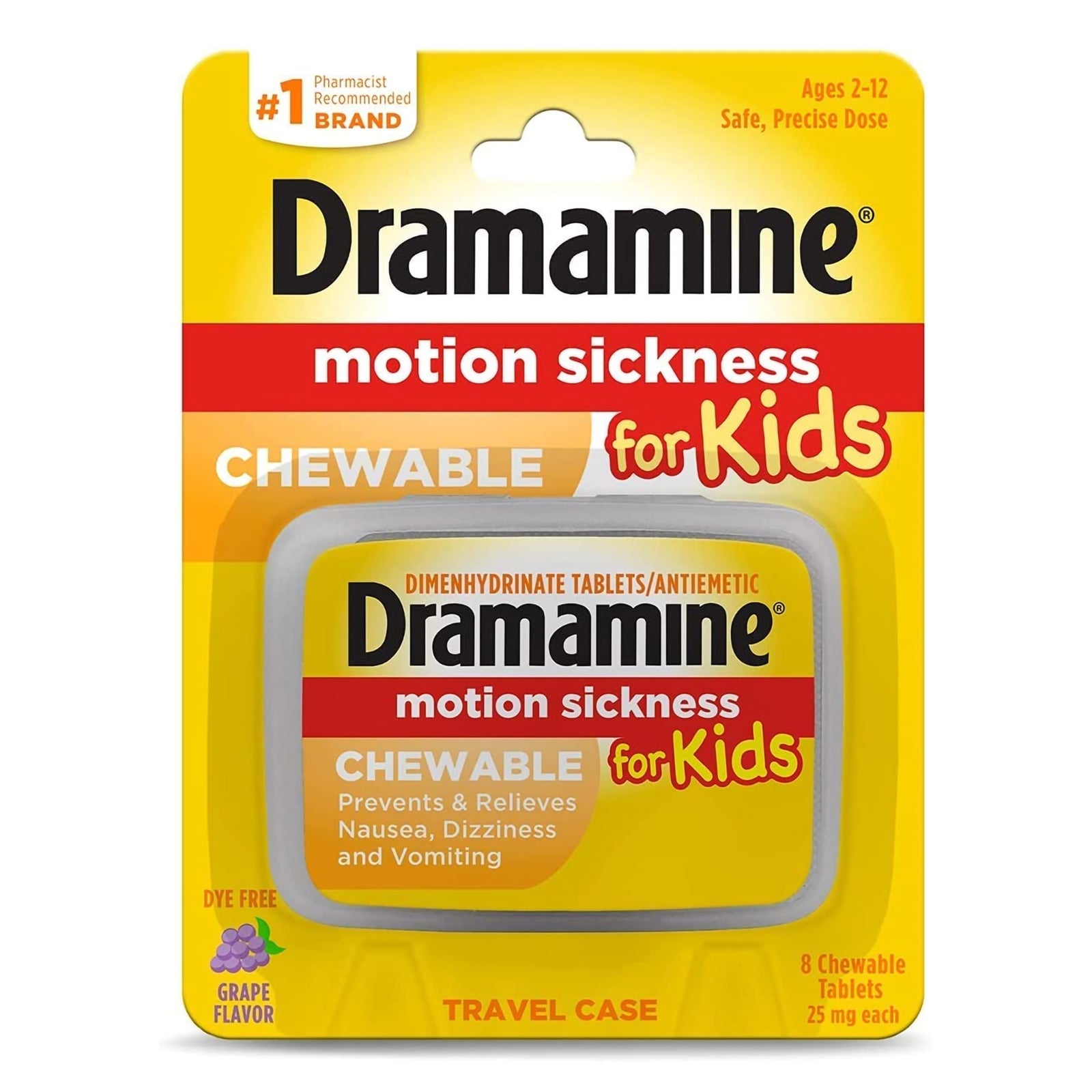 Dramamine Kids Dimenhydrinate 25 mg Chewable Tablets, Grape Flavor, 8 Count