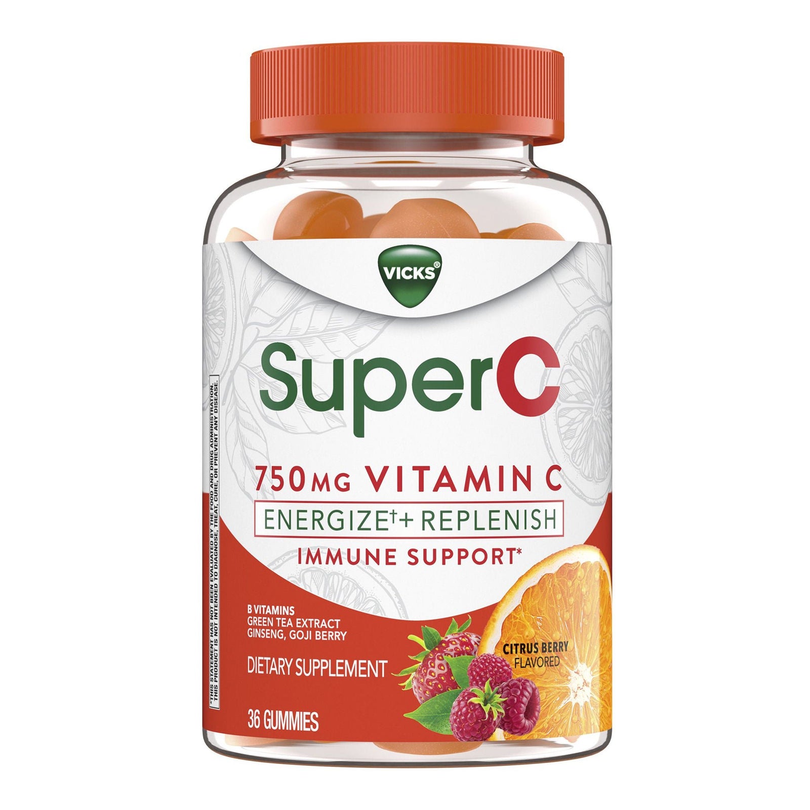 Vicks Super C Energize + Replenish Vitamin C Gummies, Citrus Berry, 36 Count