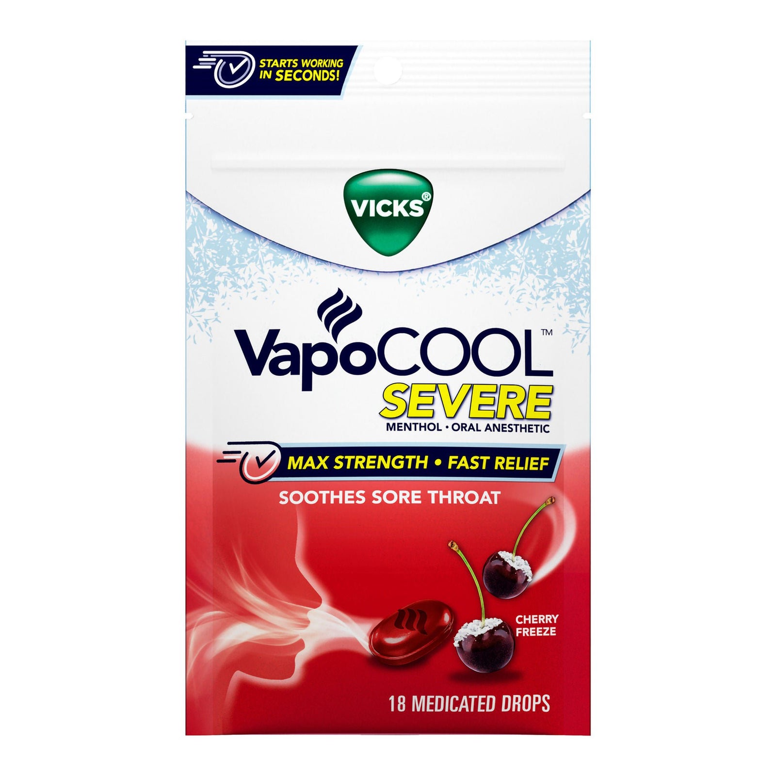 Vicks VapoCOOL Severe Max Strength Drops, Cherry Freeze, 18 Count