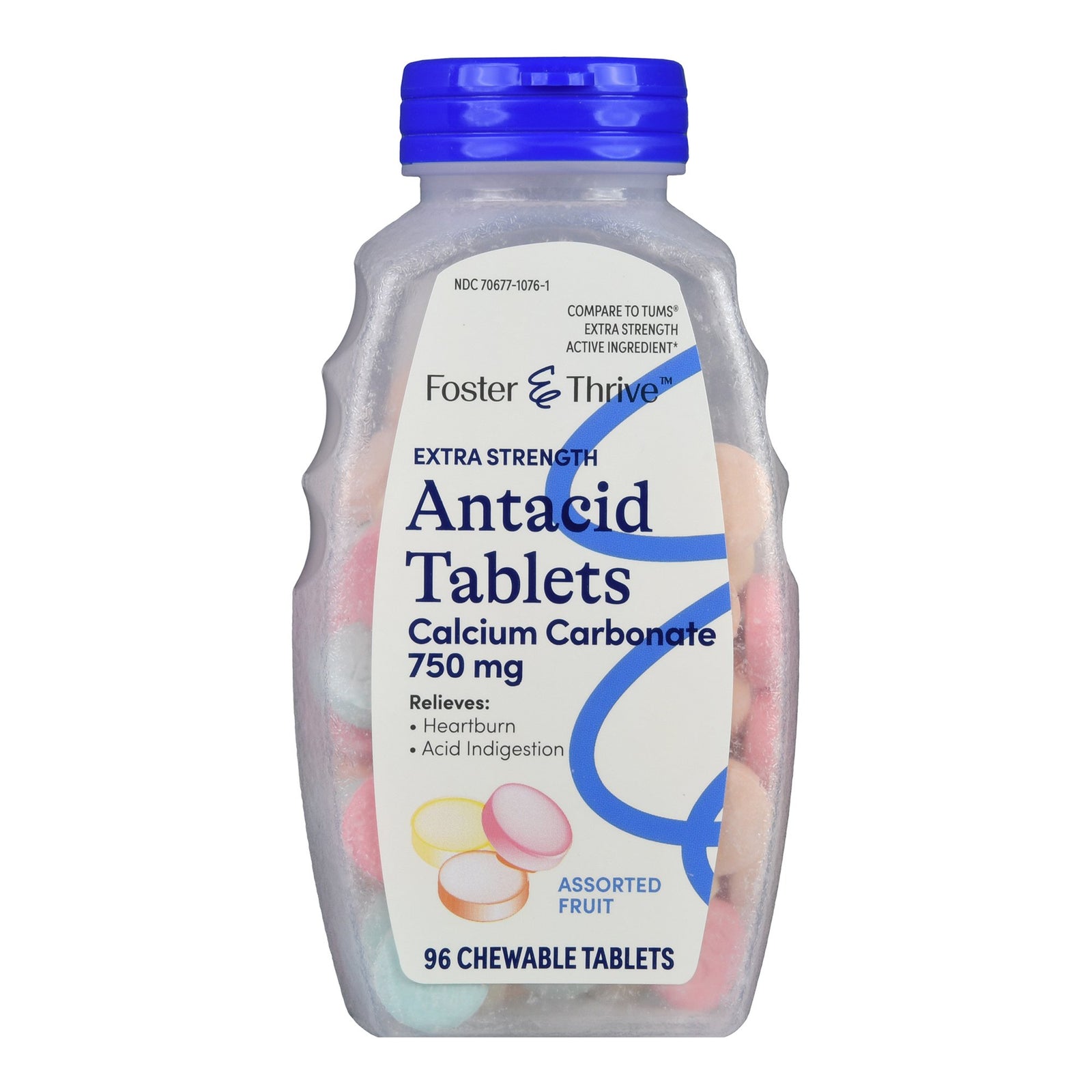 Foster & Thrive Extra Strength Antacid Tablets, Calcium Carbonate 750 mg, Assorted Fruit, 96 Count