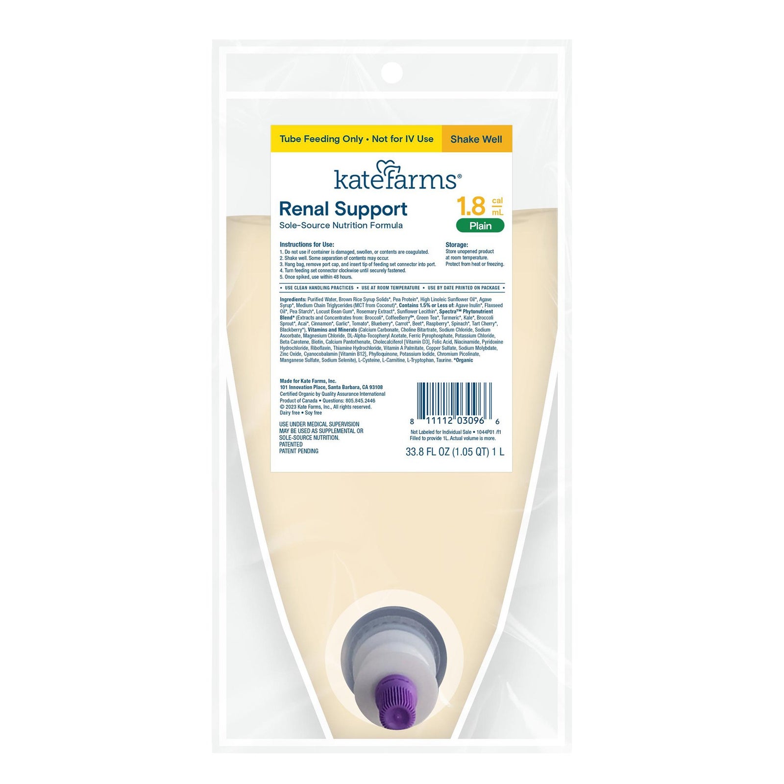Kate Farms Renal Support 1.8 Plain Flavor Tube Feeding Formula 1000 mL (Case of 6)