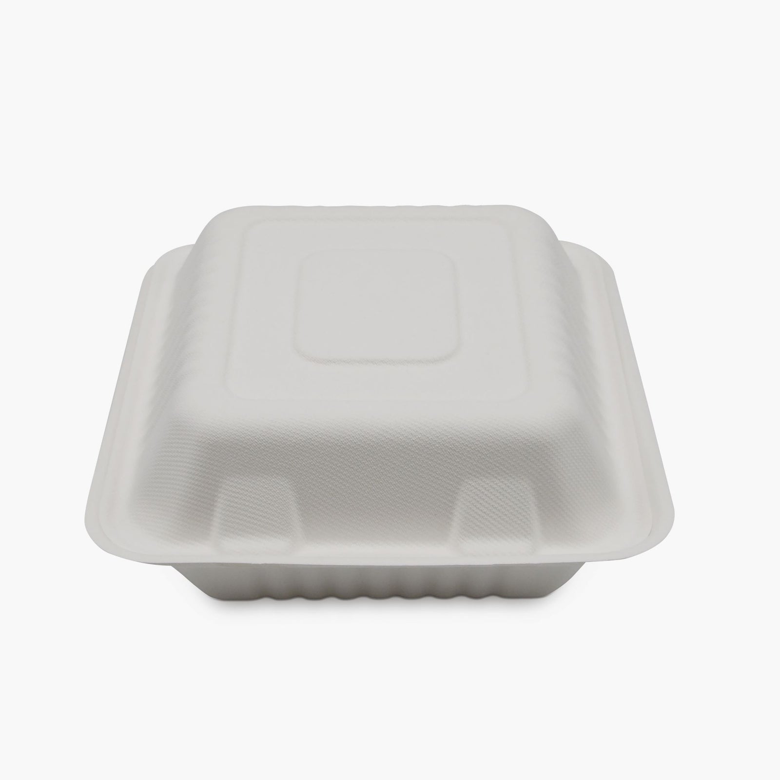 8 x 8 Inch 3-Compartment Clamshell Food Container - White Compostable Bagasse