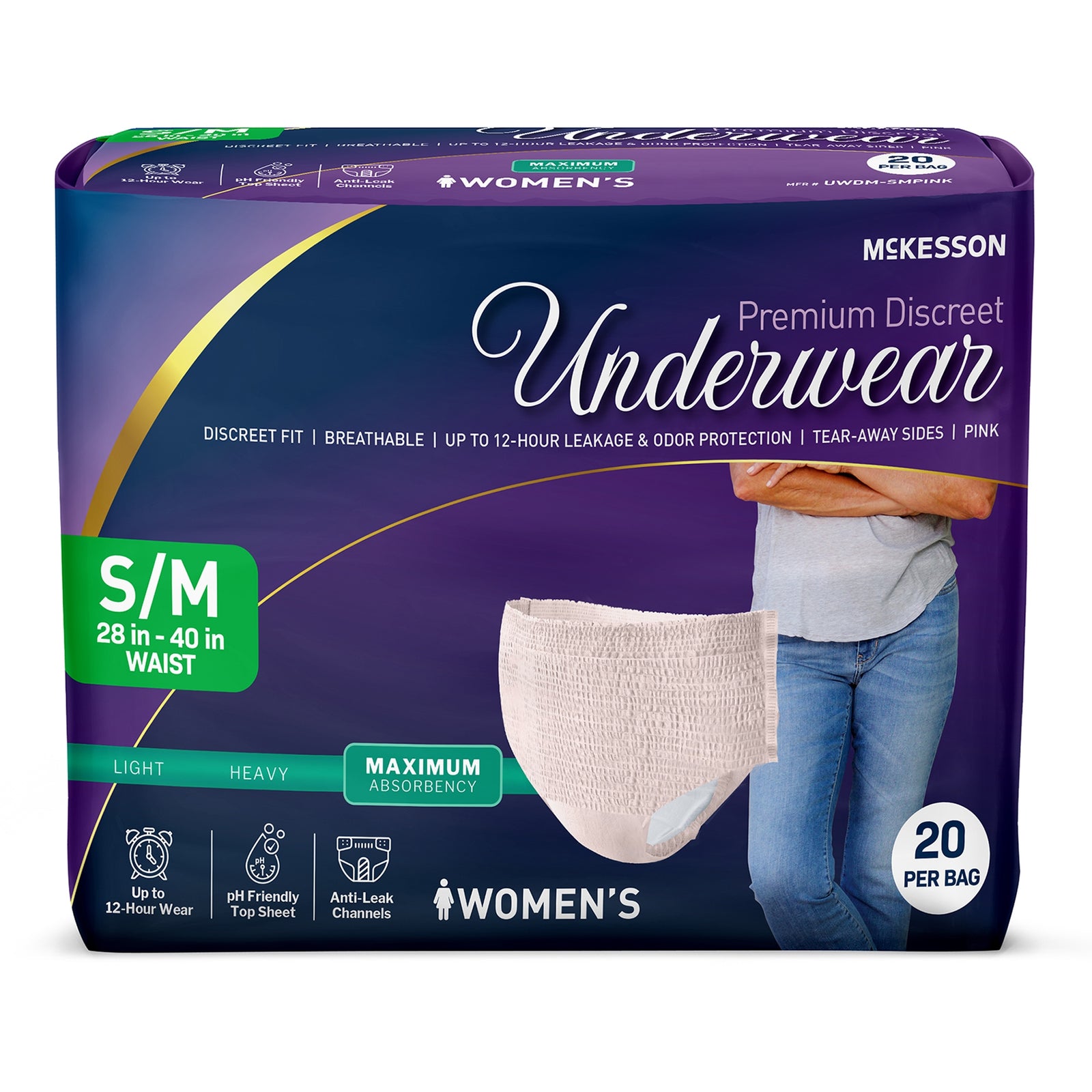 McKesson Premium Discreet Maximum Disposable Underwear, Small/Medium, 28-40 in, Pink