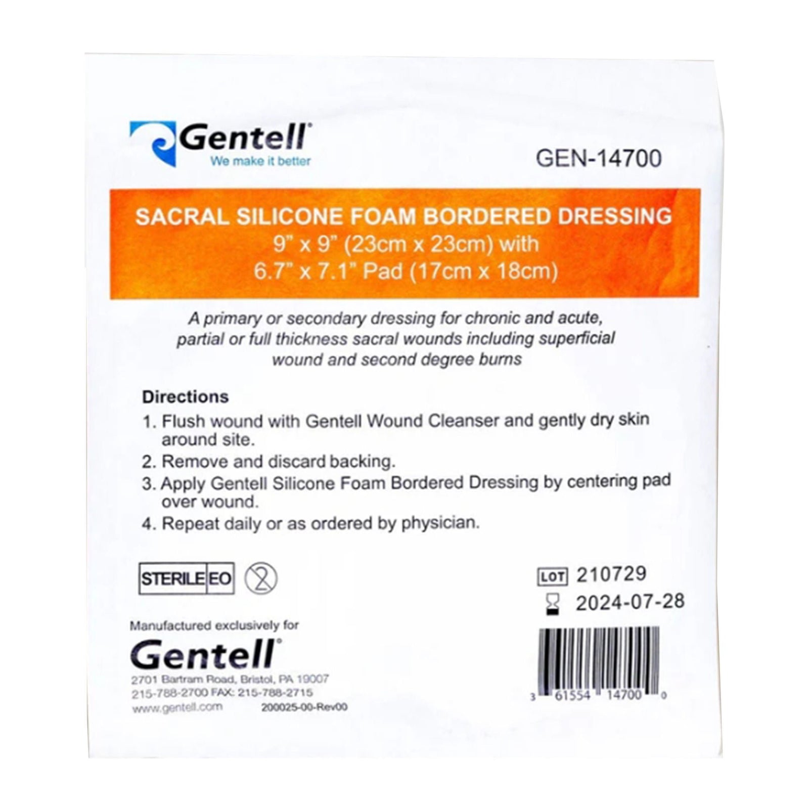 Gentell Sacral Silicone Foam Bordered Dressing, 9 x 9 Inch