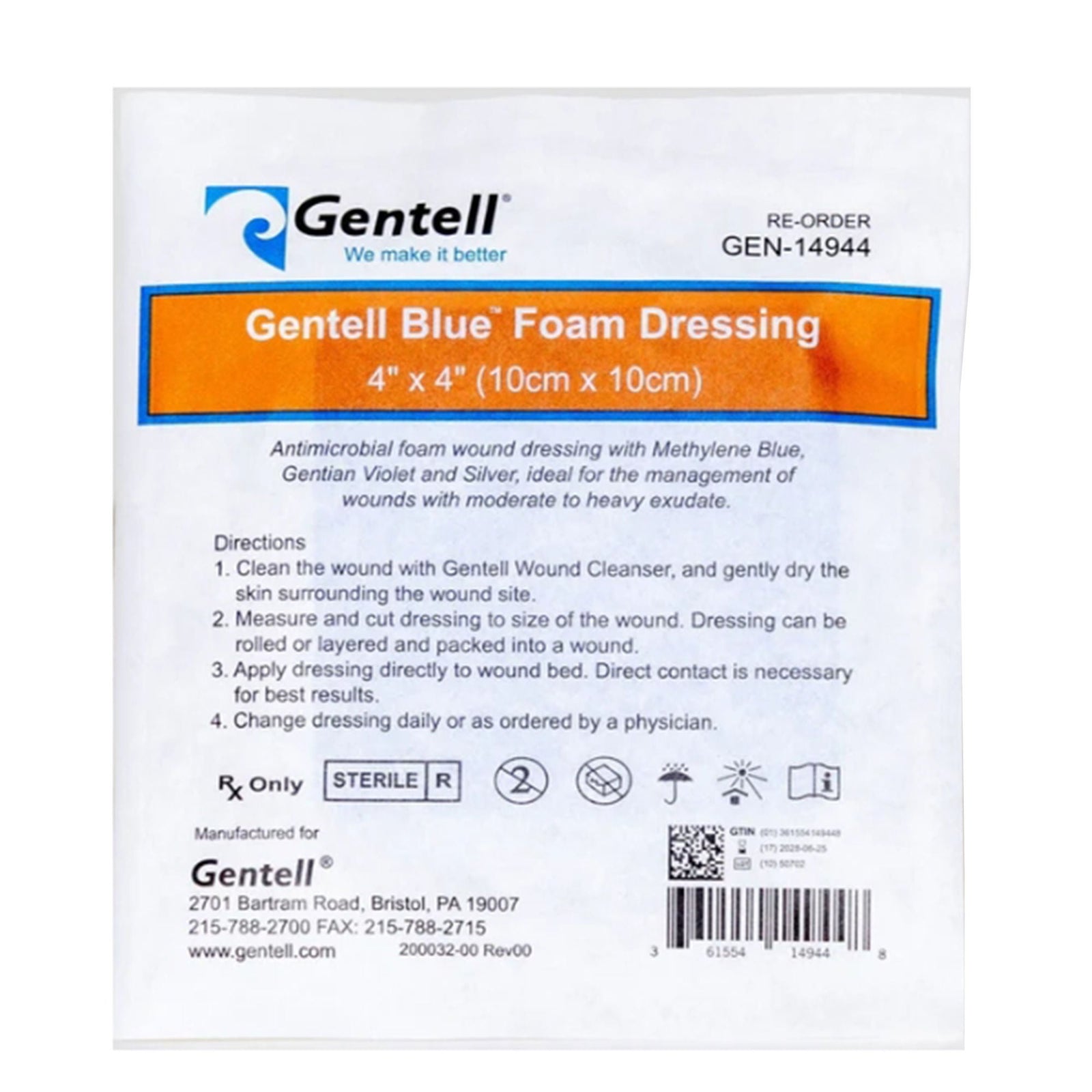Gentell Blue Foam Dressing, 4 x 4 x 1/4 Inch