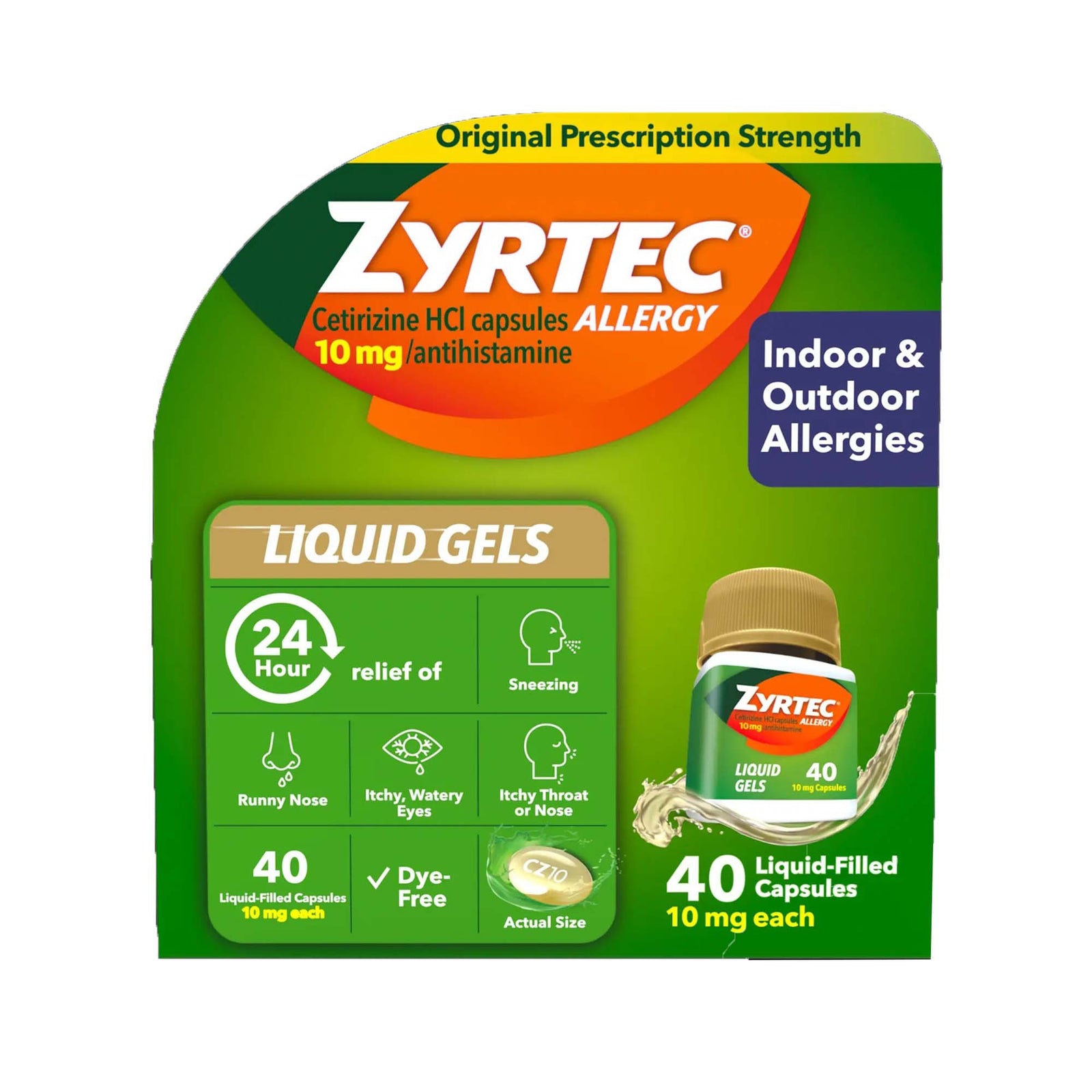 Zyrtec Cetirizine HCl 10 mg Allergy Relief Liquid Gels, 40 Count