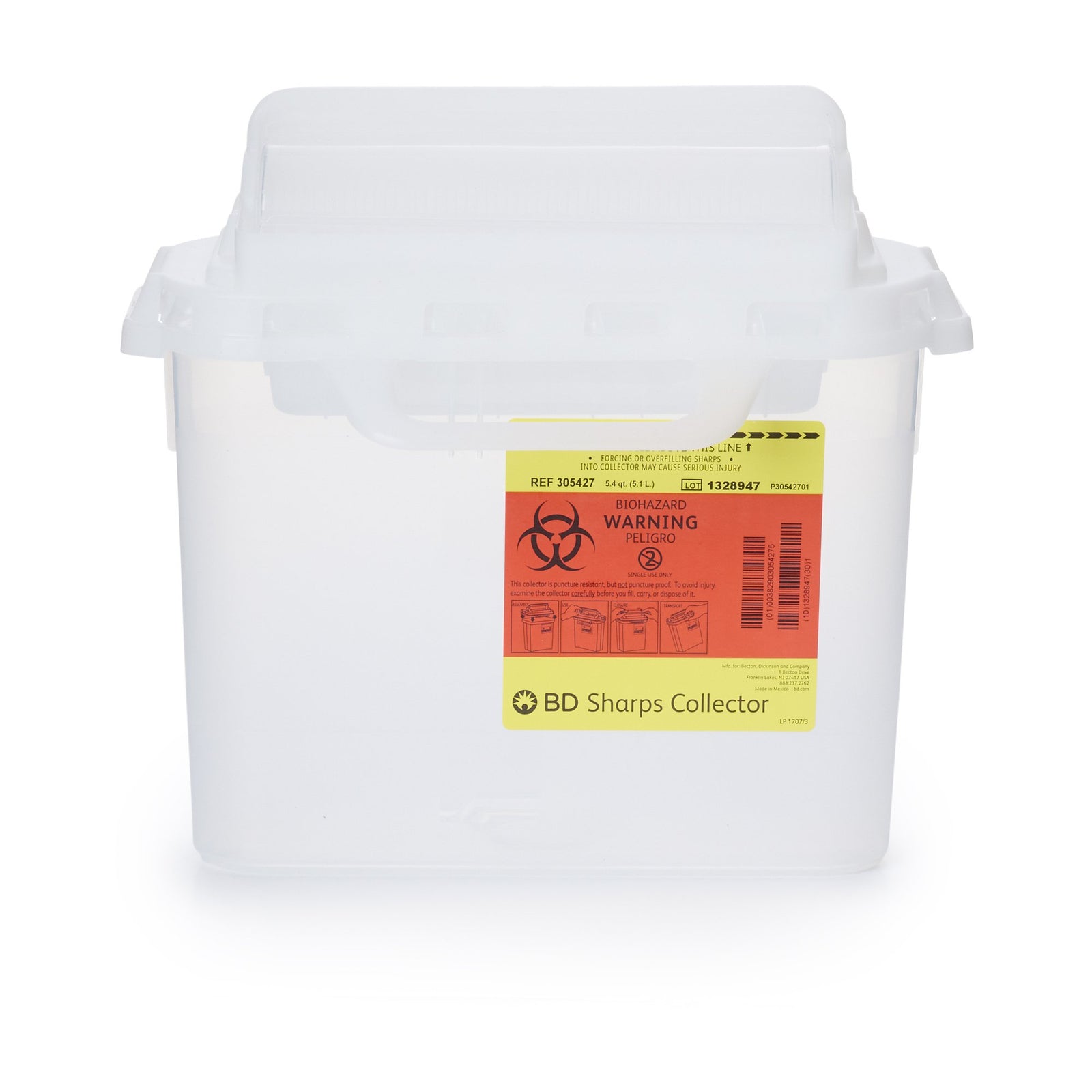 Becton Dickinson Sharps Container, Clear, 5.4 Quart