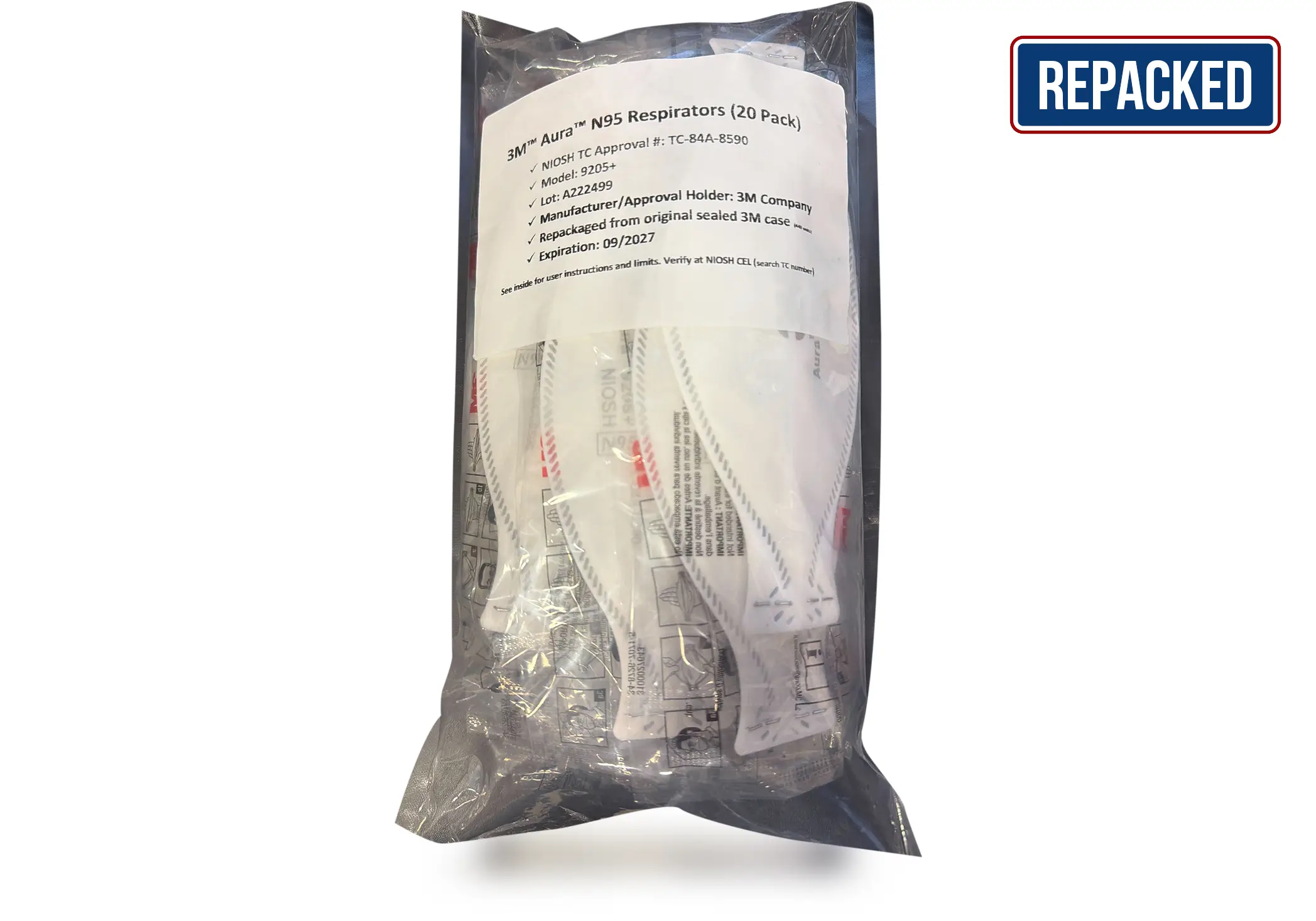 3M™ Aura Particulate Respirator 9205+ Plus N95 - NIOSH Approved - Repacked