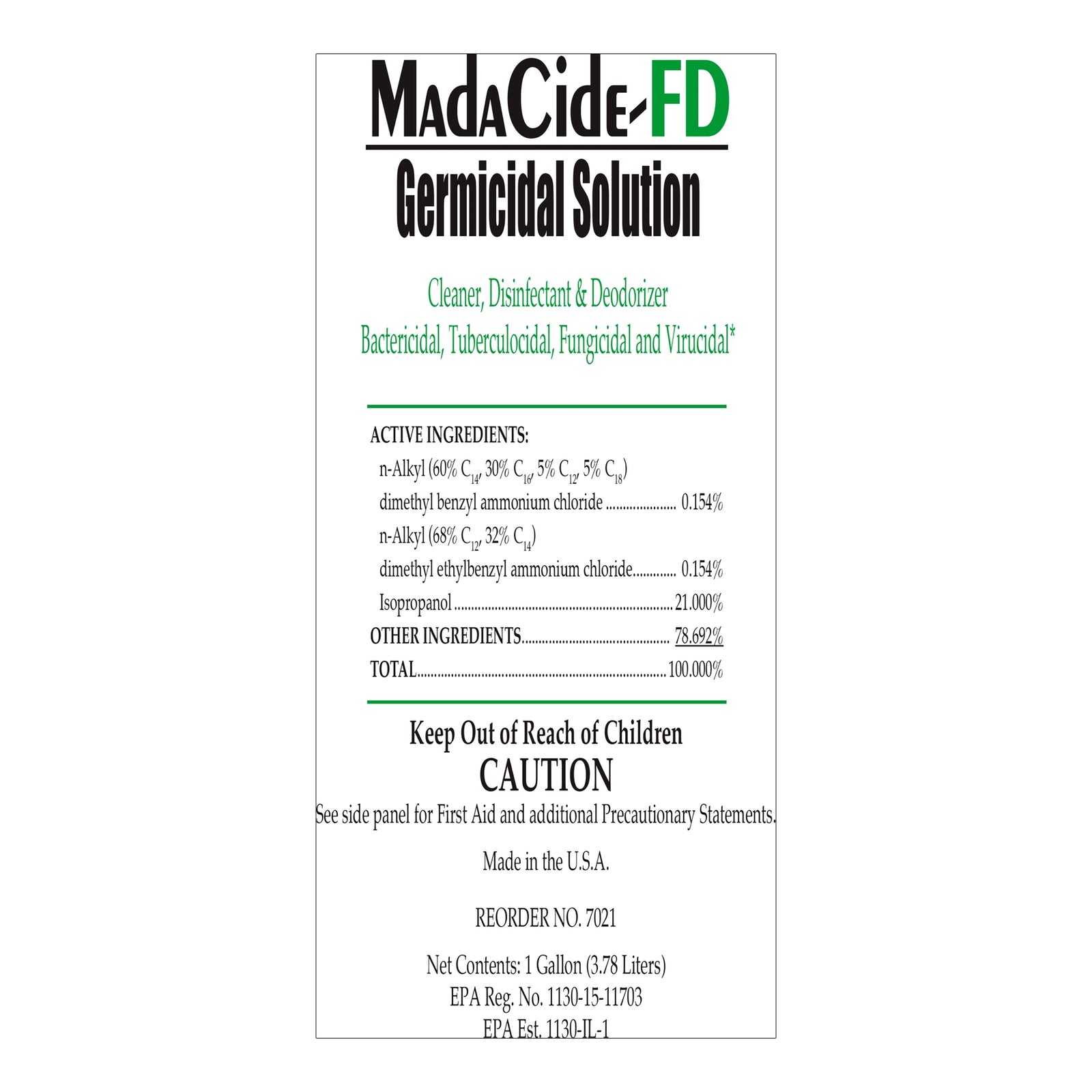 MadaCide-FD Germicidal Surface Disinfectant Cleaner 1 Gallon Jug