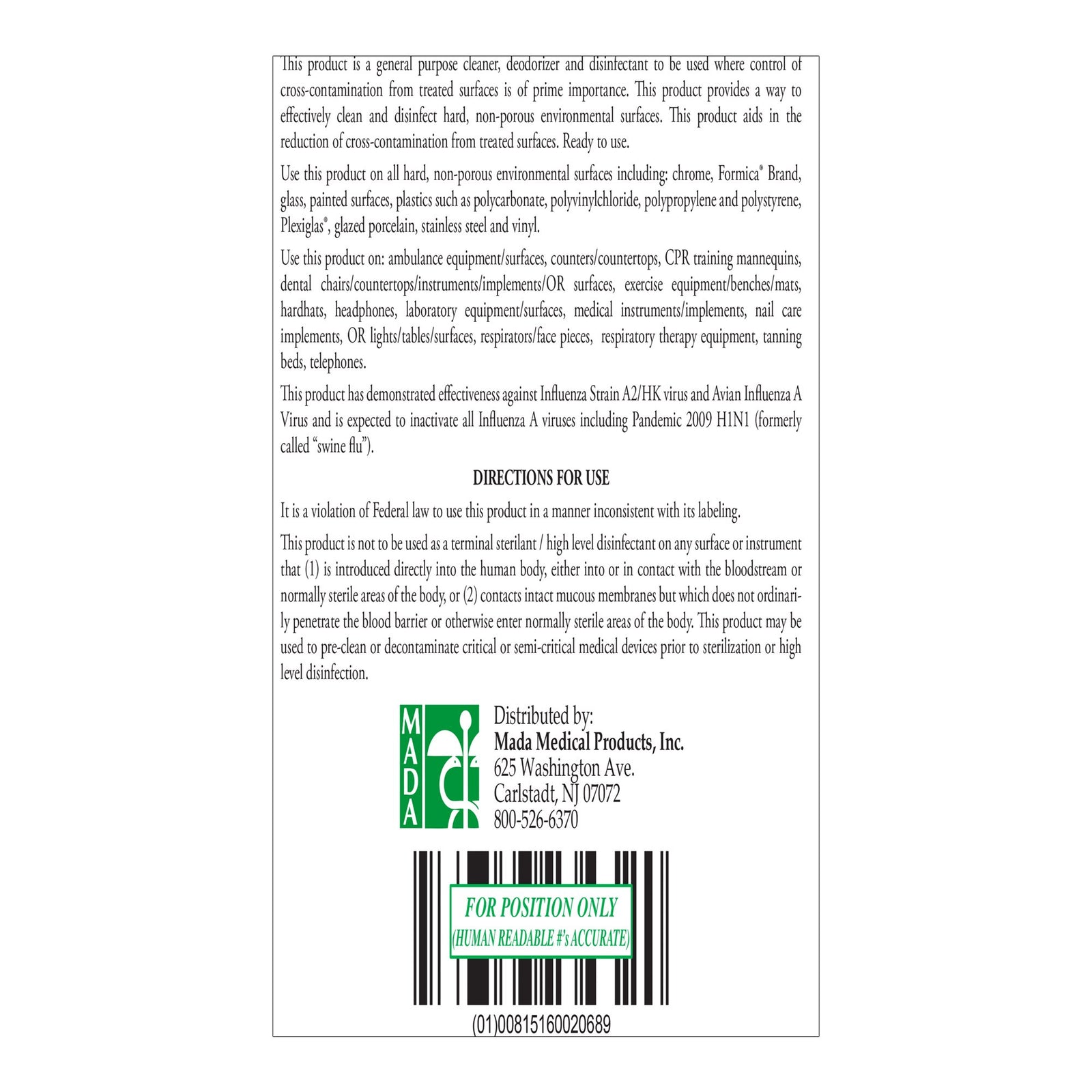 MadaCide-FD Germicidal Surface Disinfectant Cleaner 1 Gallon Jug