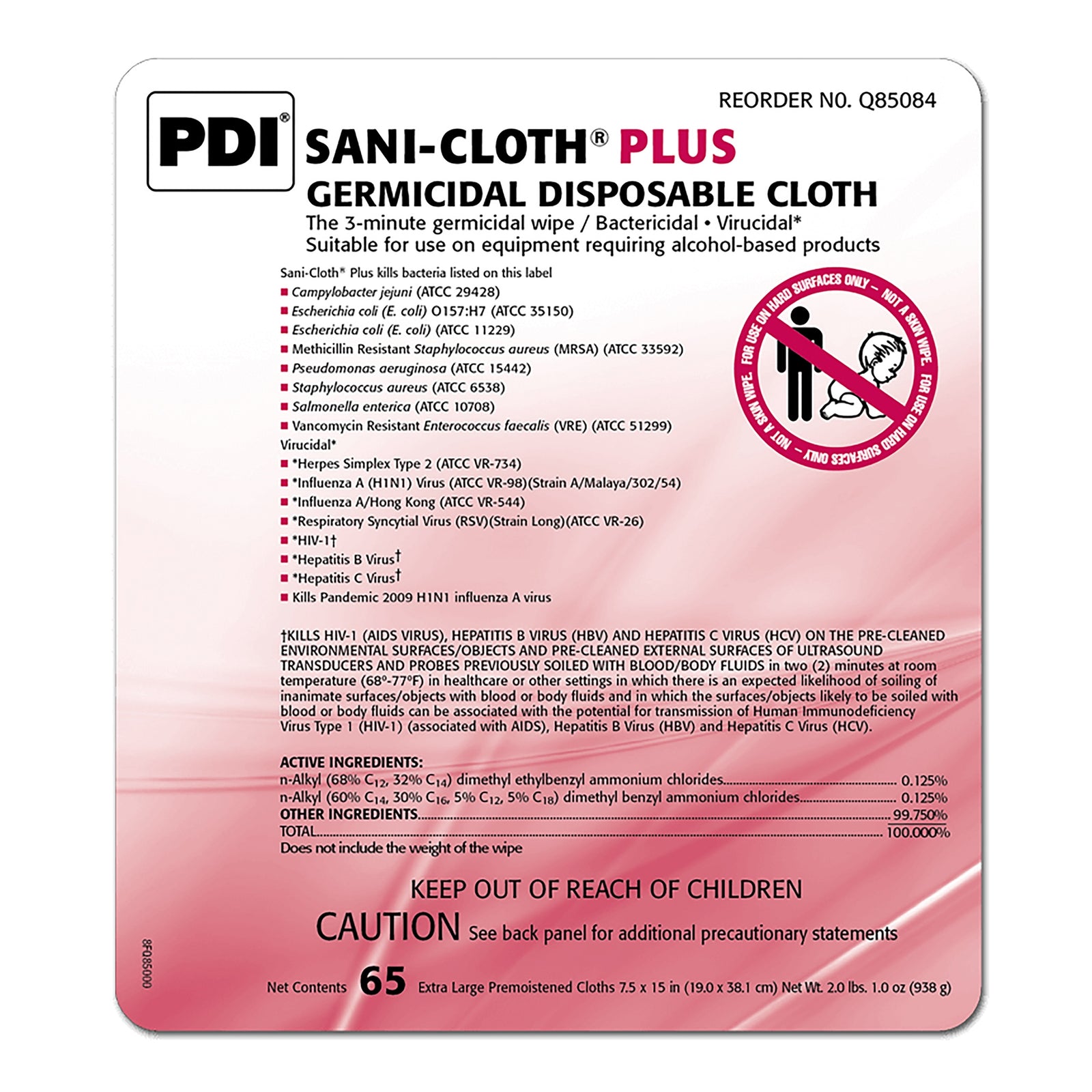 Sani-Cloth® Plus Premoistened Germicidal Wipes - 65 Count Canister