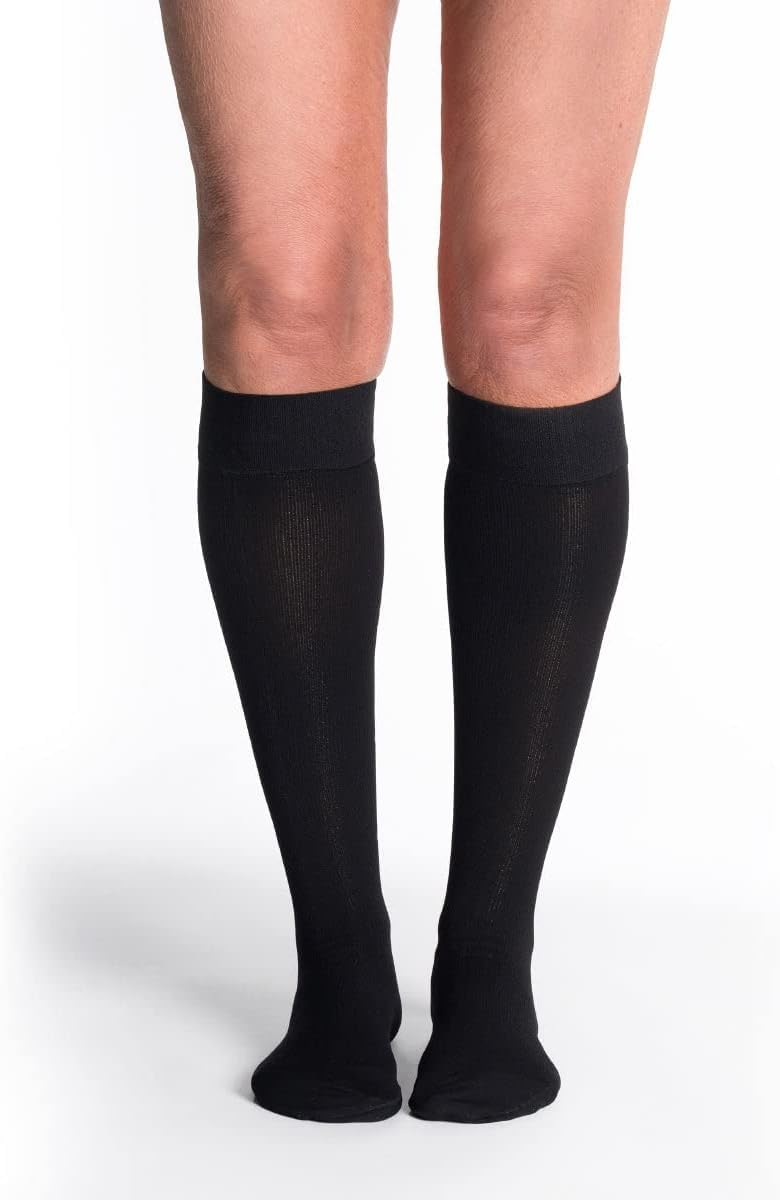 Sigvaris Essential Cotton Calf Compression Stockings with Grip-Top, 20-30 mmHg, Black