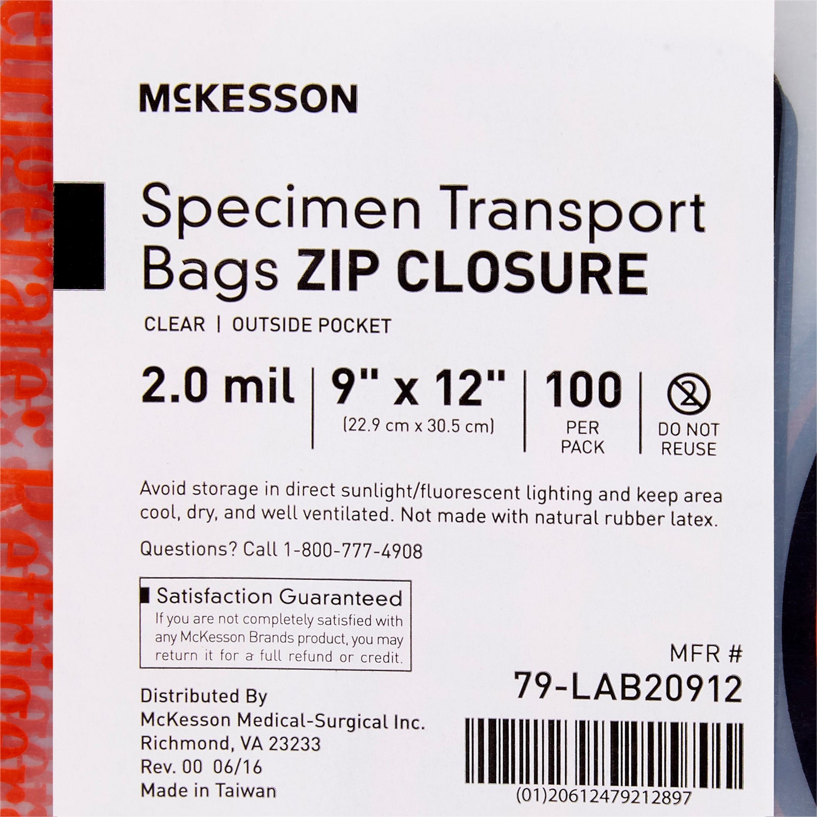 McKesson MedSurg Specimen Transport Bag with Document Pouch