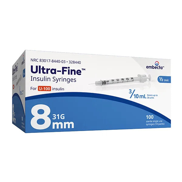 Embecta Ultra-Fine II U-100 Insulin Syringe, 31G x 5/16 in, 3/10 mL, Half-Unit Markings