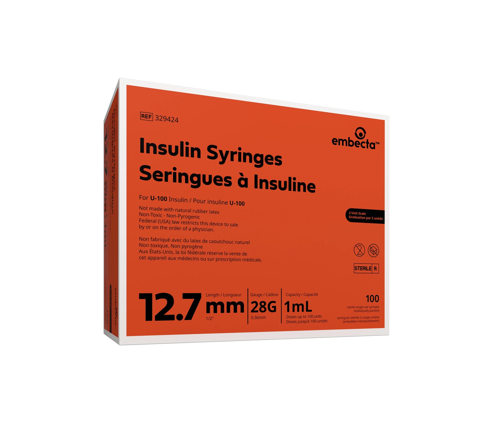 embecta U-100 Insulin Syringe with Micro-Fine IV Needle 28G x 1/2", 1 mL