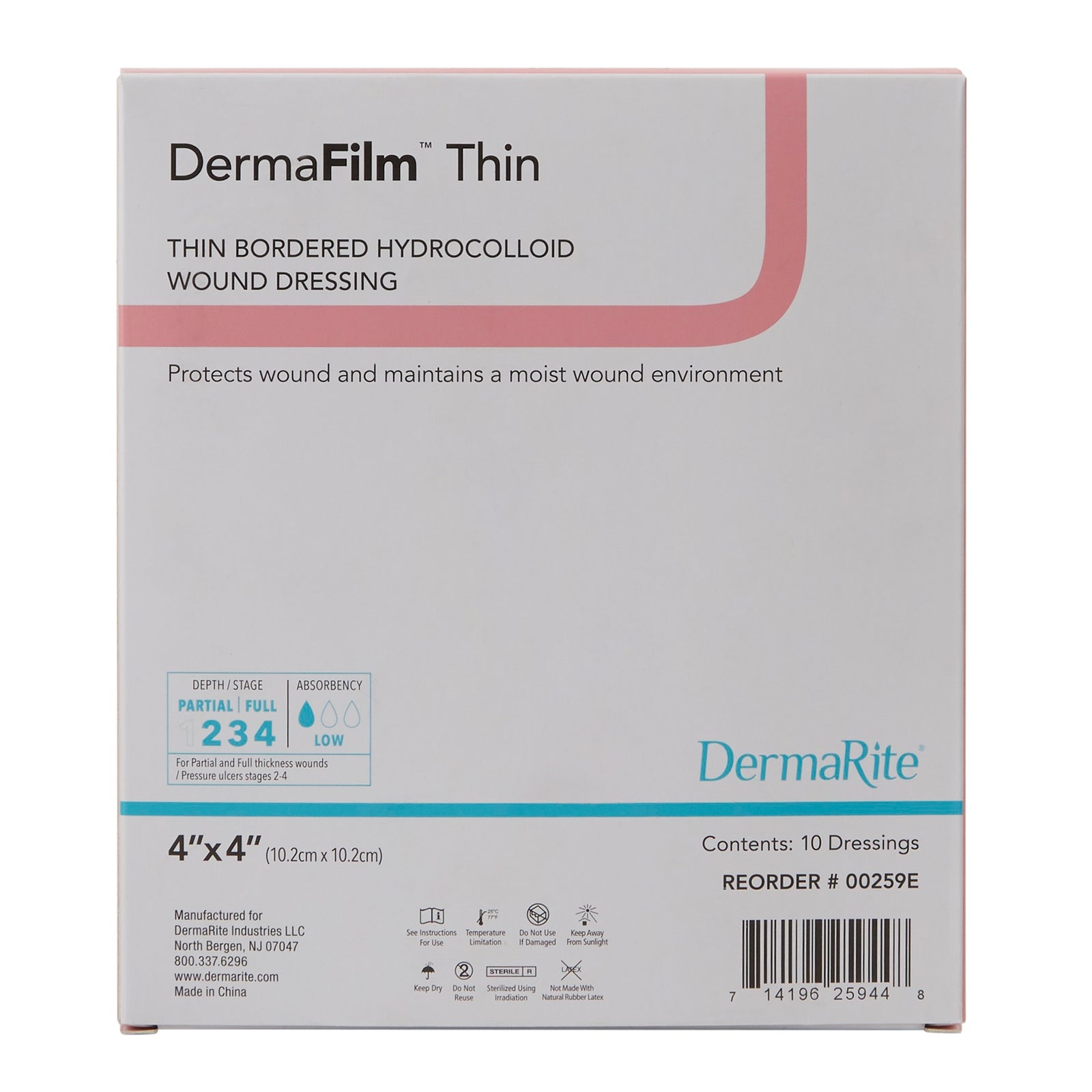 DermaFilm Thin Hydrocolloid Dressing 4 x 4 Inch with Border