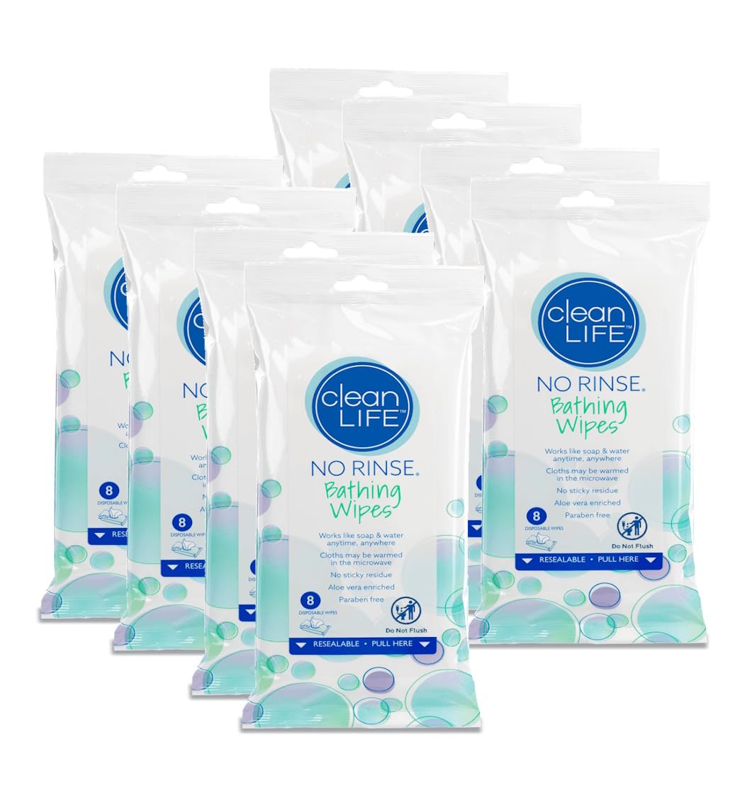 No-Rinse Bathing Wipes 8" x 8" Pack of 8