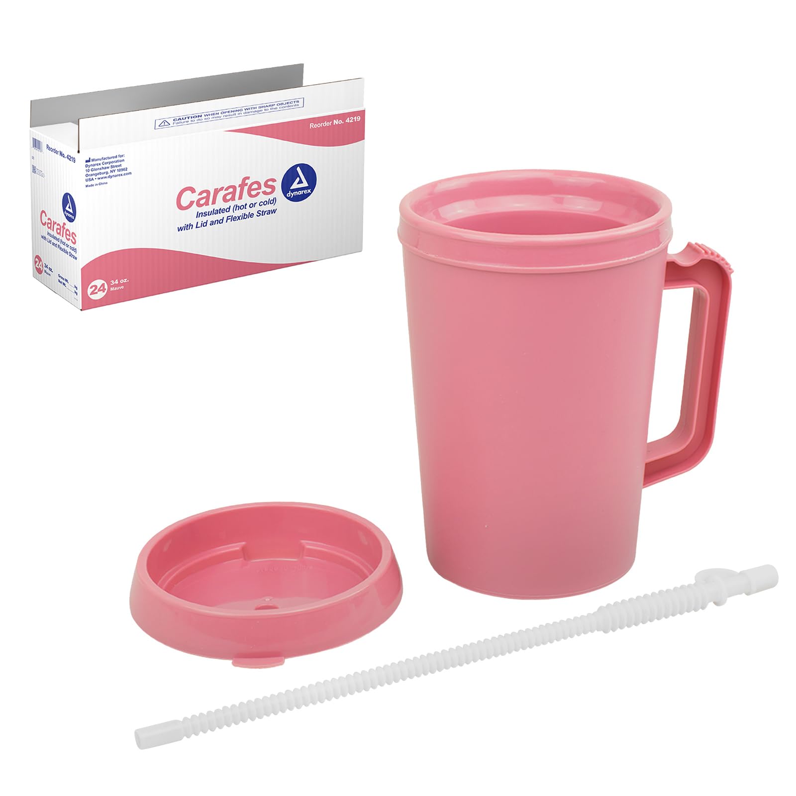 Dynarex 34 oz Insulated Bedside Carafe with Lid and Straw - Mauve