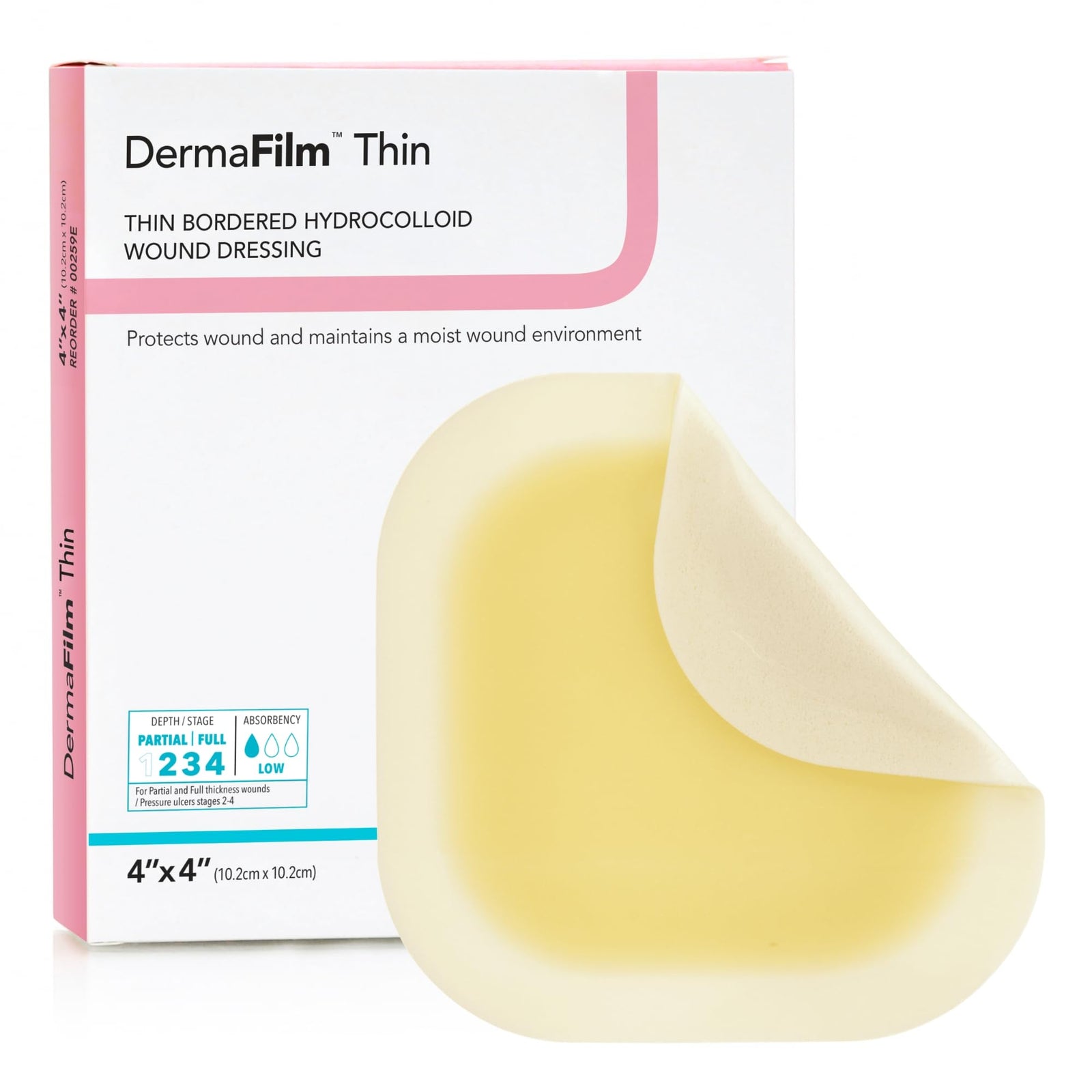 DermaRite DermaFilm Hydrocolloid Wound Dressing, Thin with Border, 4" x 4"