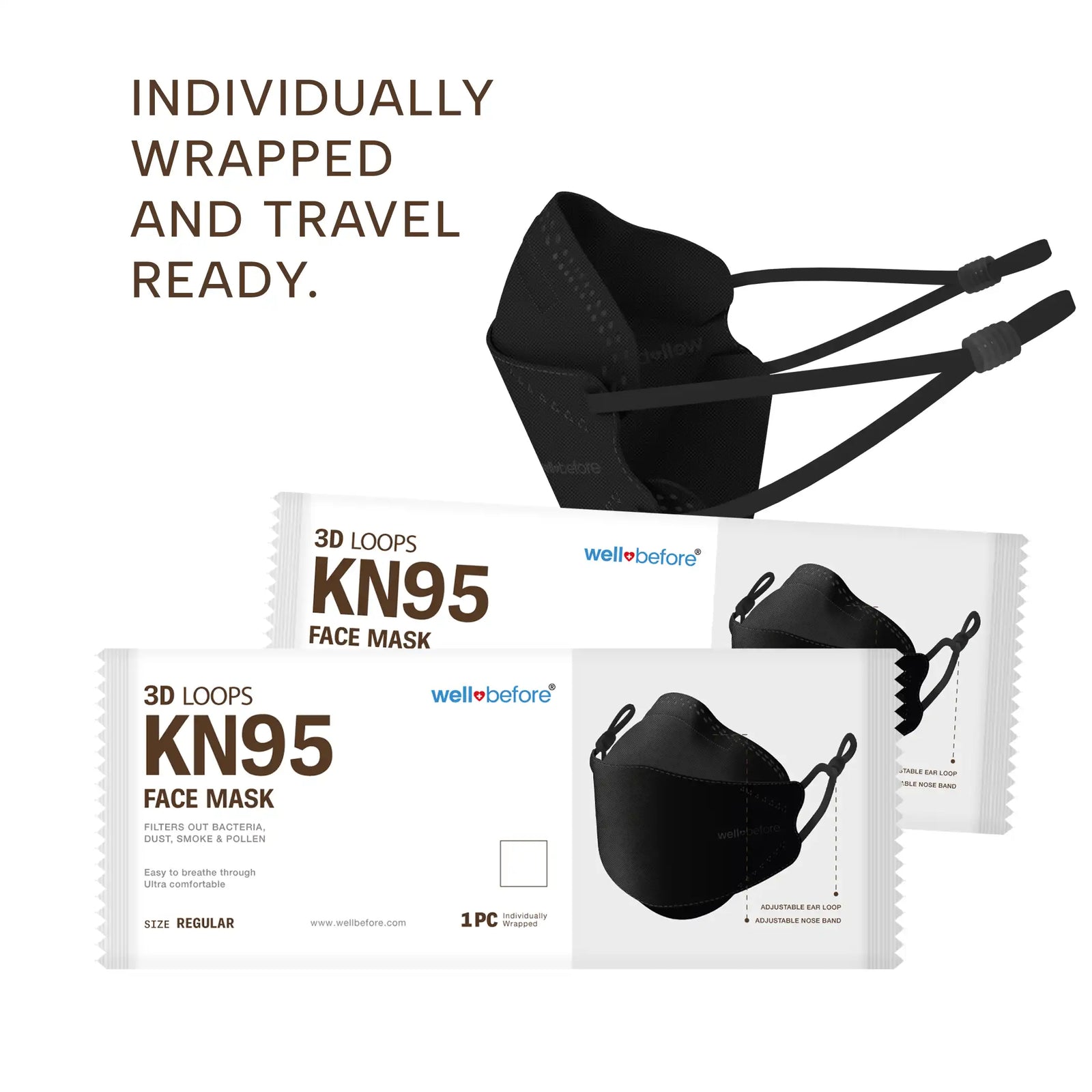 KN95 Face Mask | Individually Wrapped, Elastic Ear Loops - Bag of 10