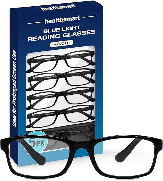 HealthSmart Blue Light Reading Glasses +2.00 Strength, Pack of 5