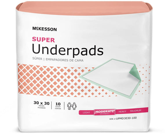 McKesson Super Underpads bag, front of pack, 30 x 30 inch moderate absorbency disposable underpads