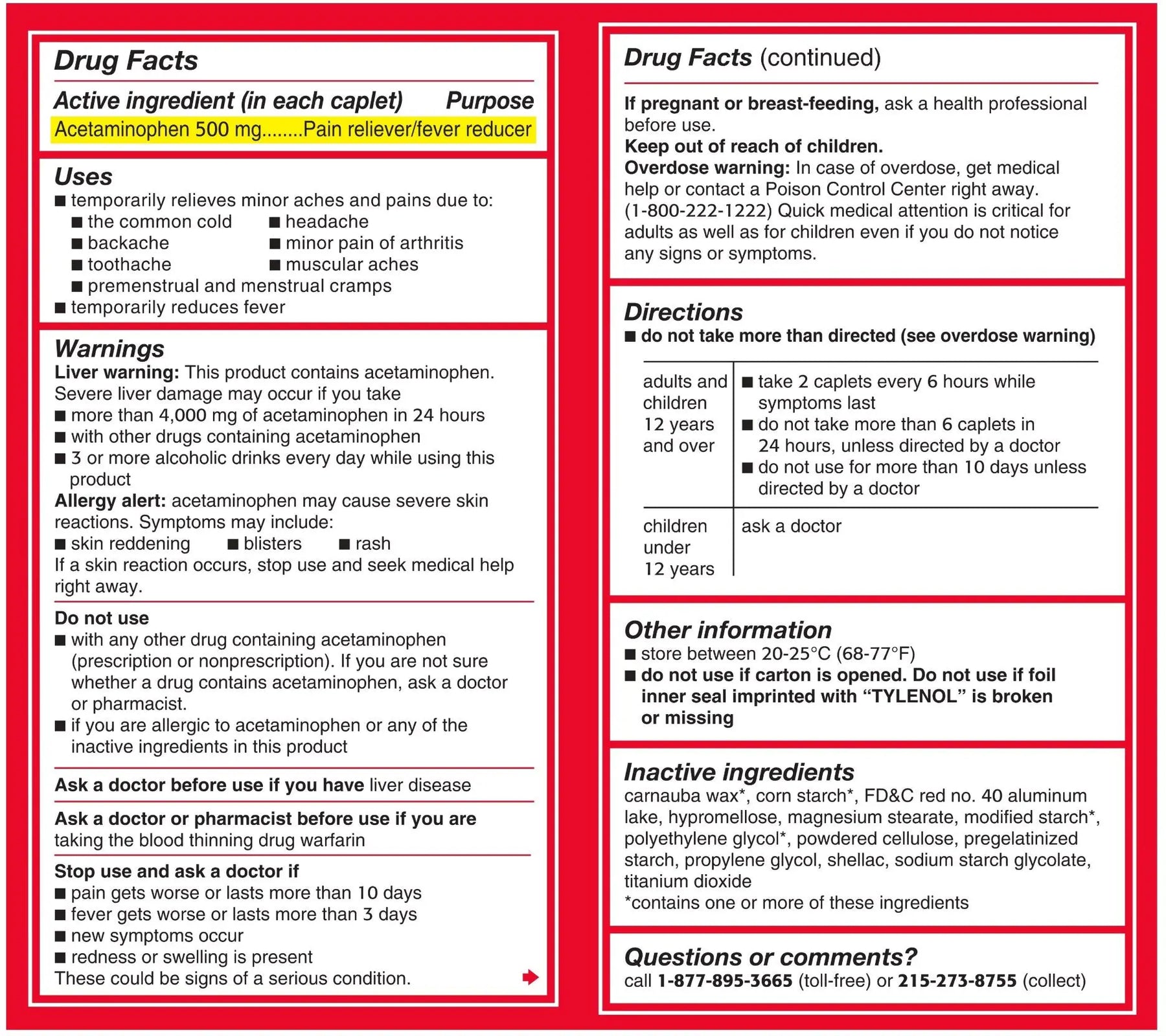 Tylenol Acetaminophen Pain Reliever