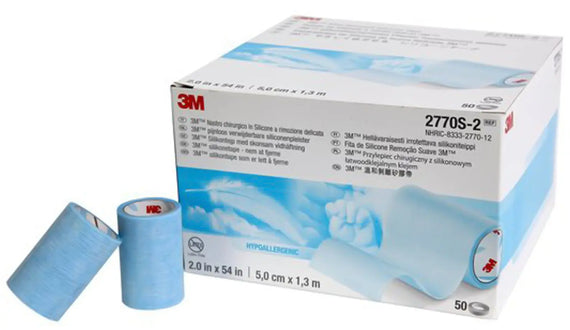 3M Micropore S Kind Removal silicone surgical tape box with blue tape rolls, 2 inch by 1-1/2 yard size