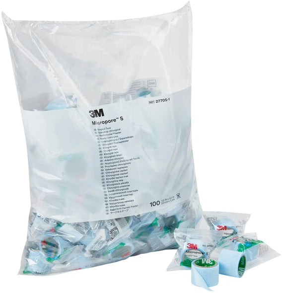 3M Micropore S Kind Removal silicone surgical tape bulk pack of individually wrapped rolls, 1 inch by 1-1/2 yard size