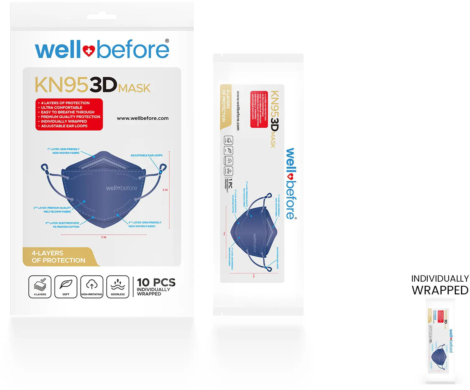 KN95 3D Face Mask | Comfort 3D Fit, Adjustable Ear Loops - Bag of 10