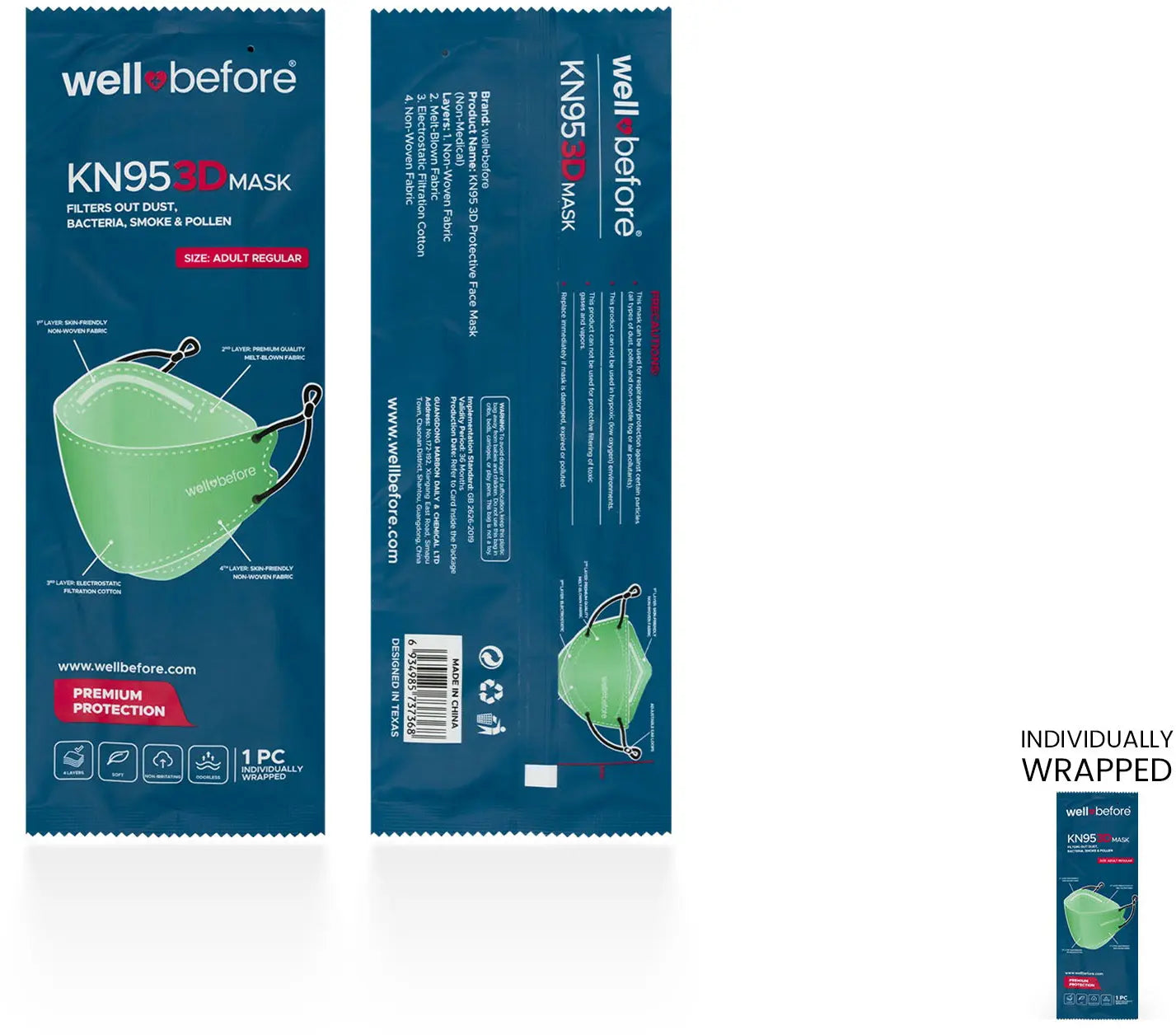 KN95 3D Face Mask | Comfort 3D Fit, Adjustable Ear Loops - Bag of 10