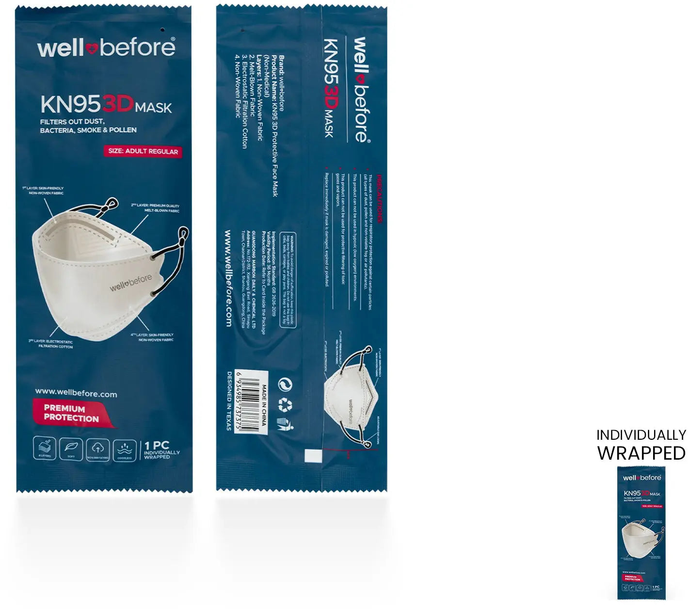 KN95 3D Face Mask | Comfort 3D Fit, Adjustable Ear Loops - Bag of 10